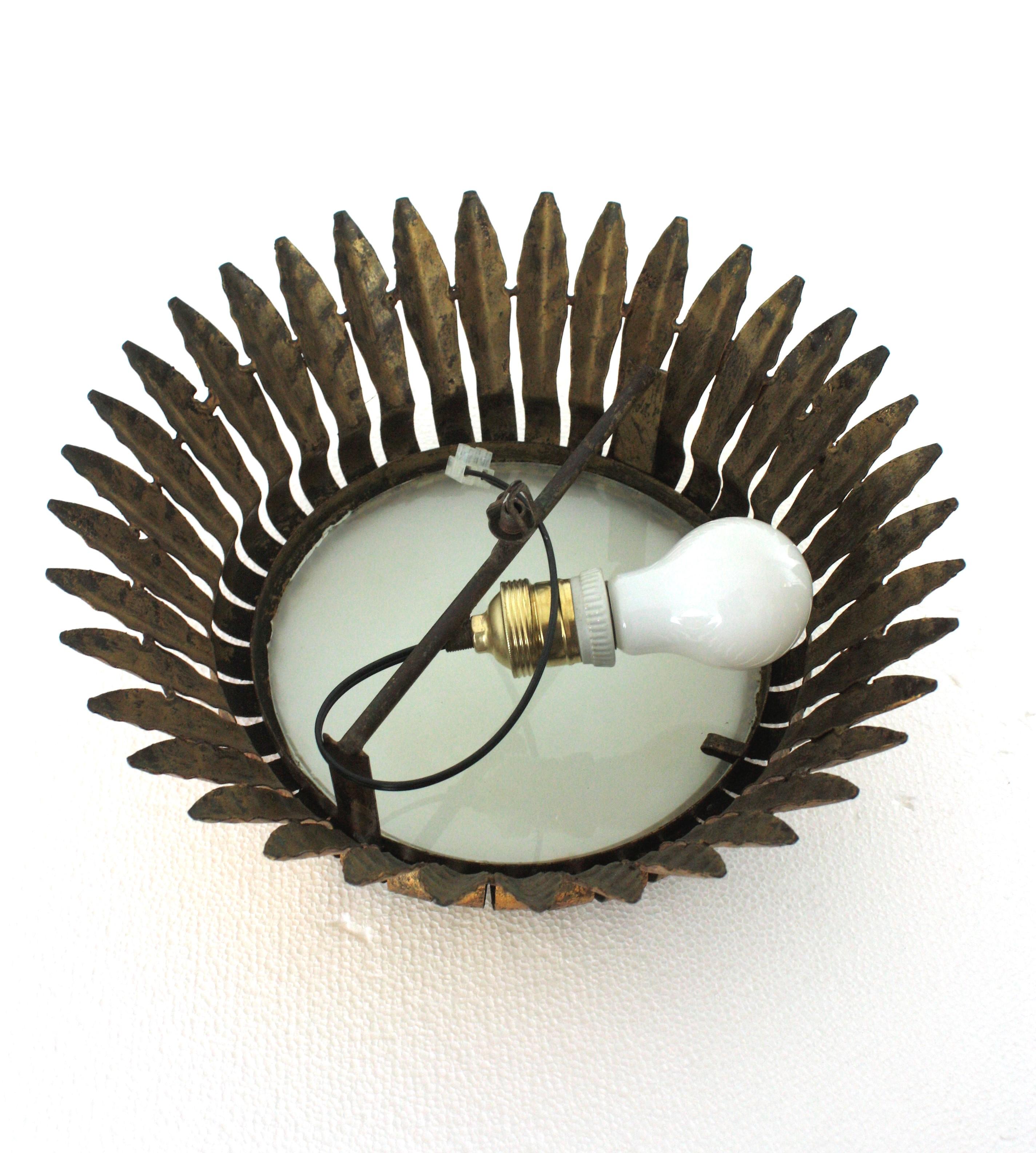Crown Sunburst Leafed Ceiling Light Fixture with Frosted Glass For Sale 11
