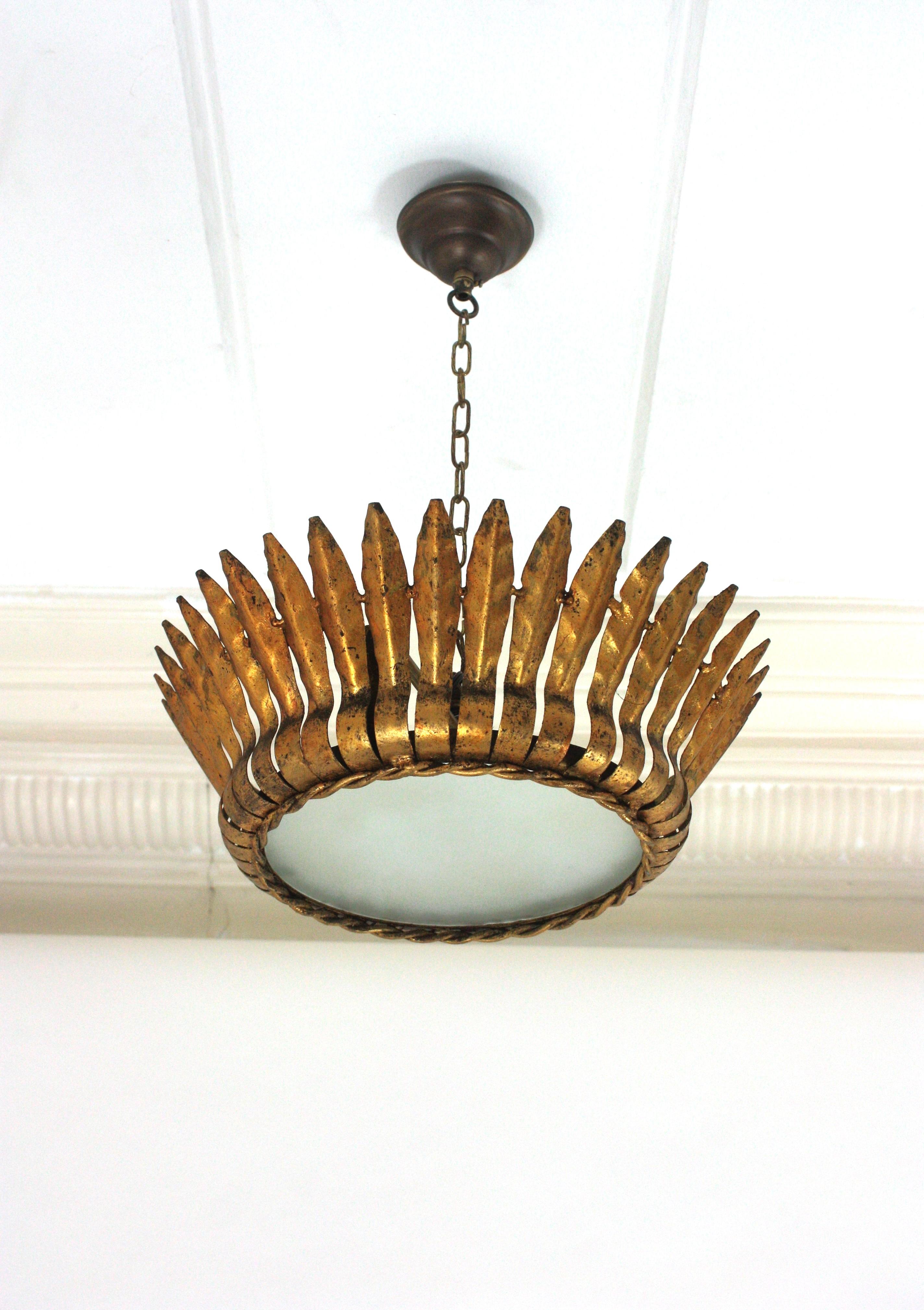 Mid-Century Modern Crown Sunburst Leafed Ceiling Light Fixture with Frosted Glass For Sale