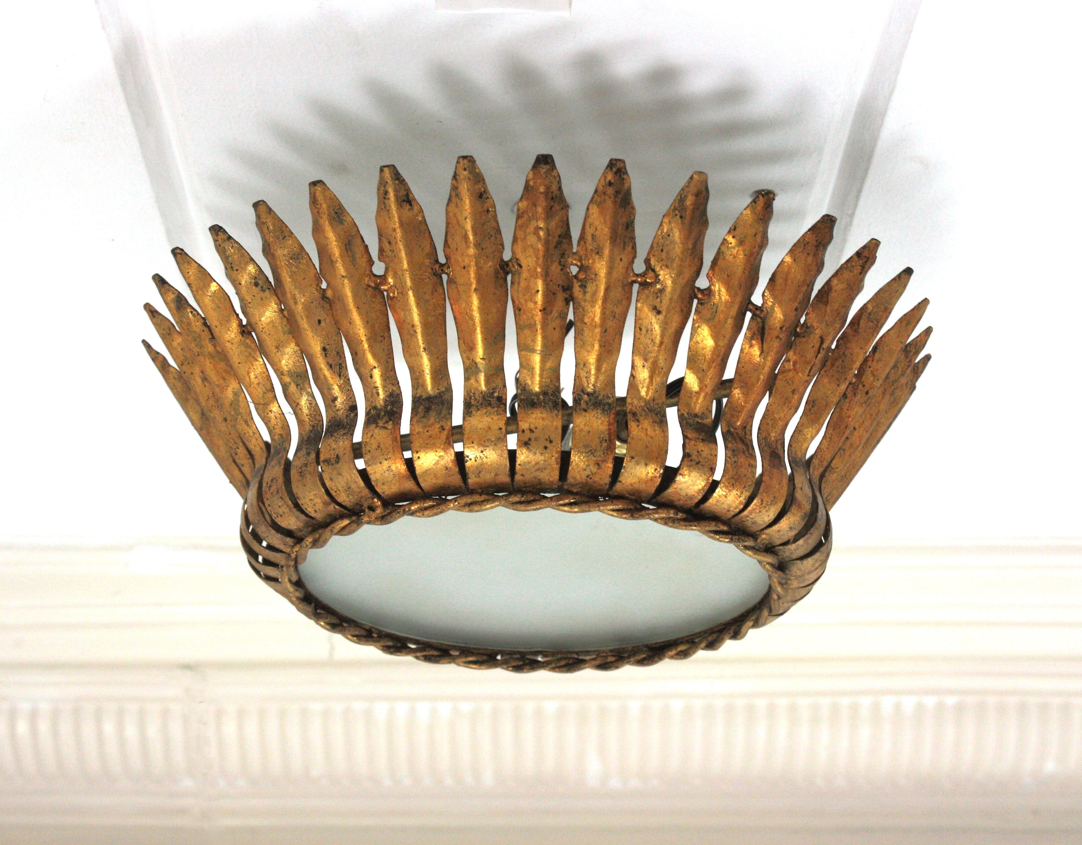 Spanish Crown Sunburst Leafed Ceiling Light Fixture with Frosted Glass For Sale