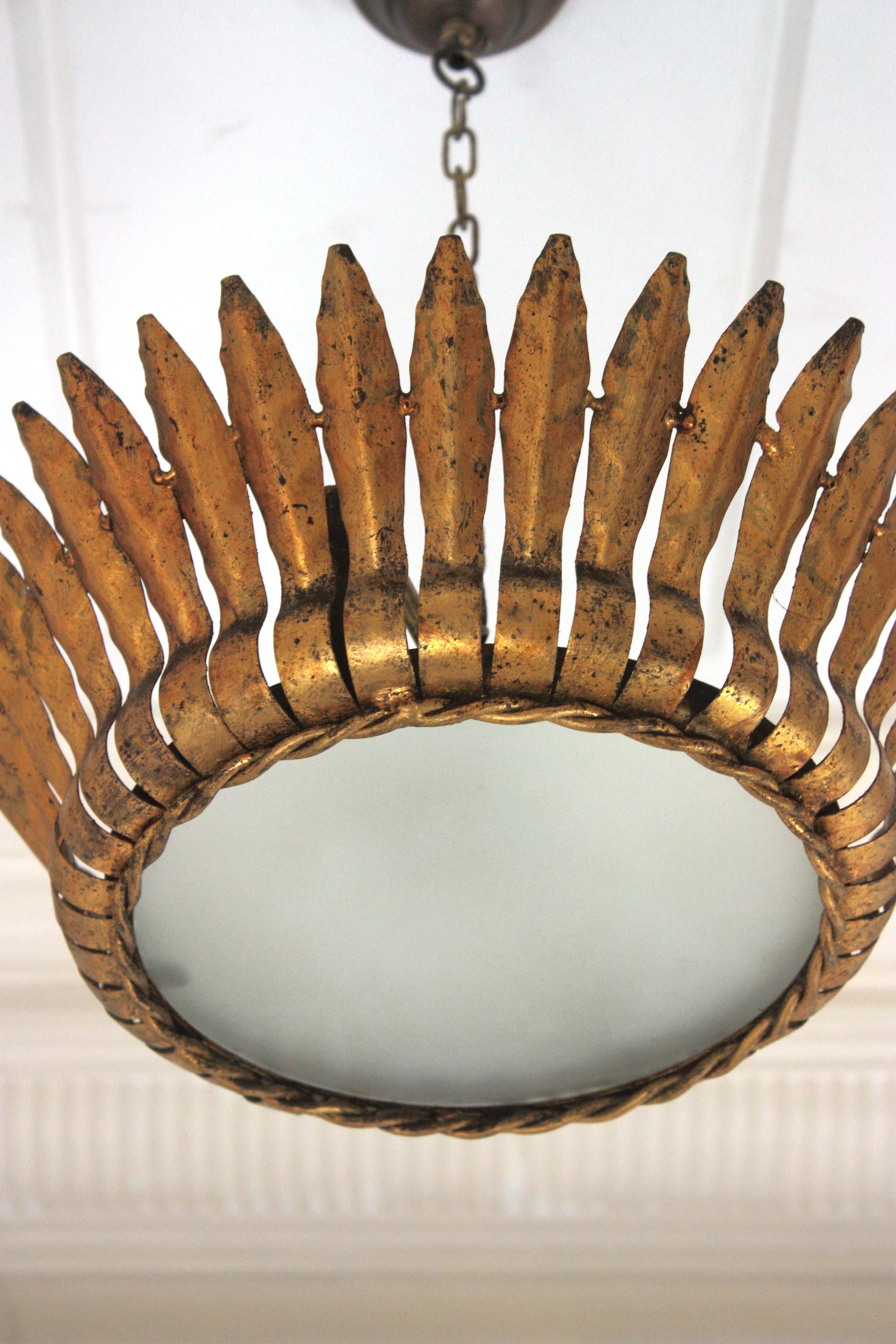 20th Century Crown Sunburst Leafed Ceiling Light Fixture with Frosted Glass For Sale