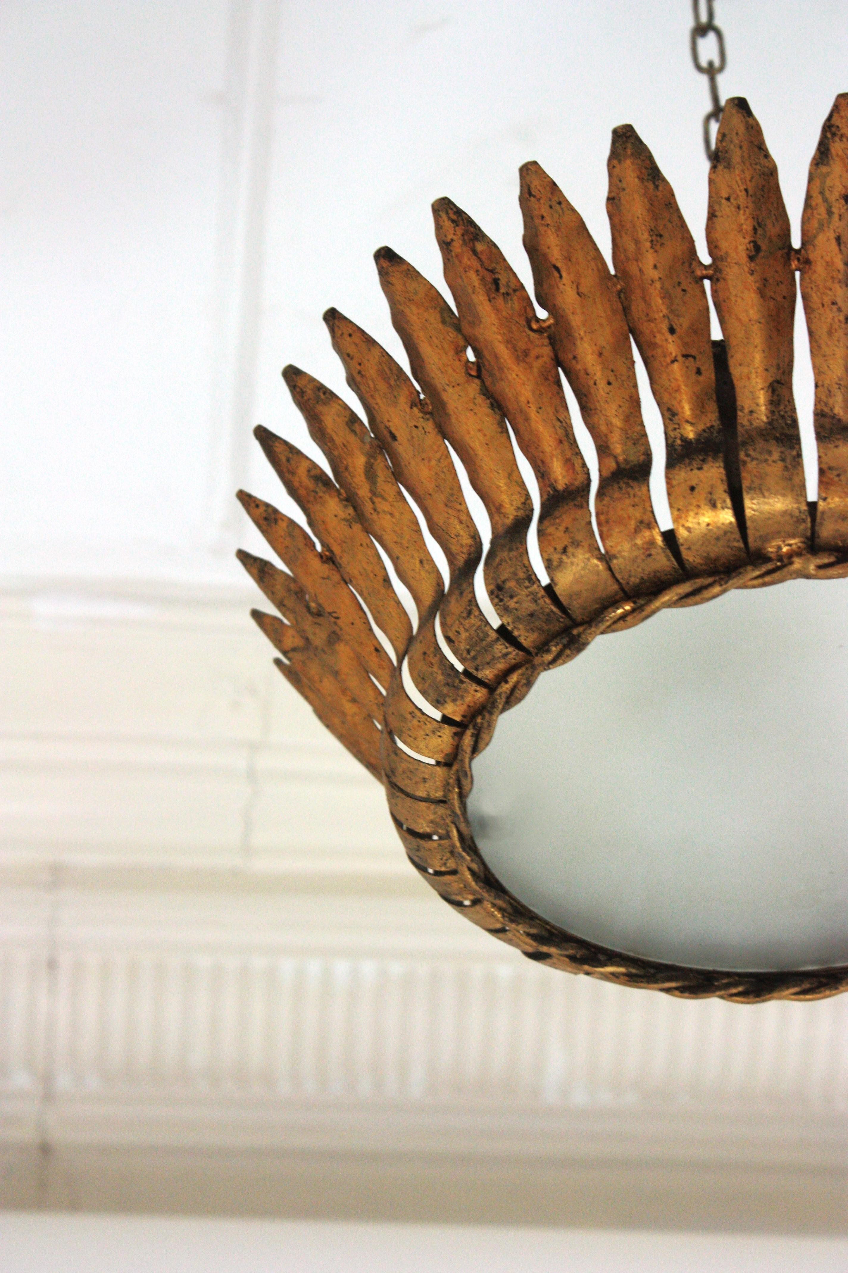 Metal Crown Sunburst Leafed Ceiling Light Fixture with Frosted Glass For Sale