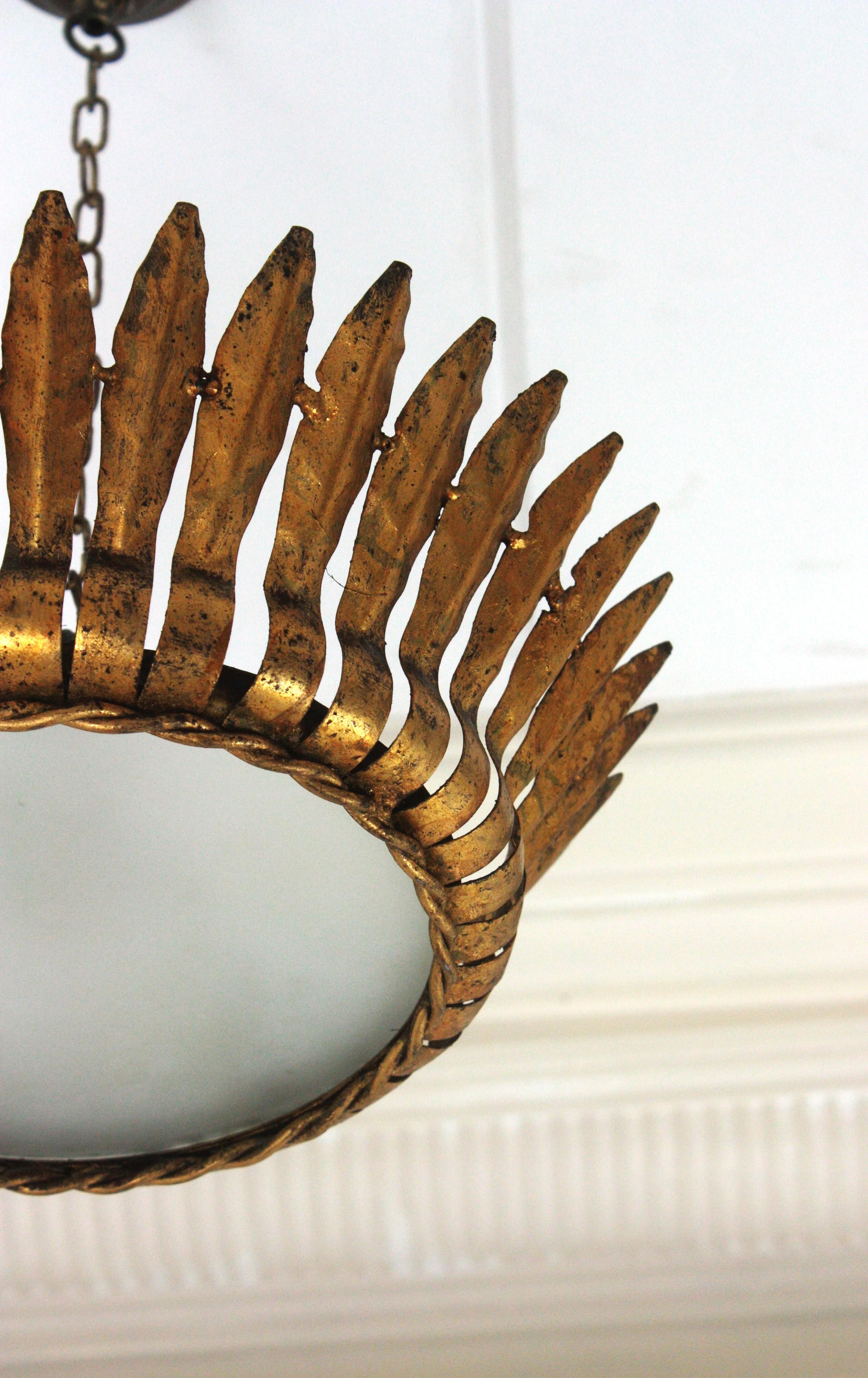 Crown Sunburst Leafed Ceiling Light Fixture with Frosted Glass For Sale 1