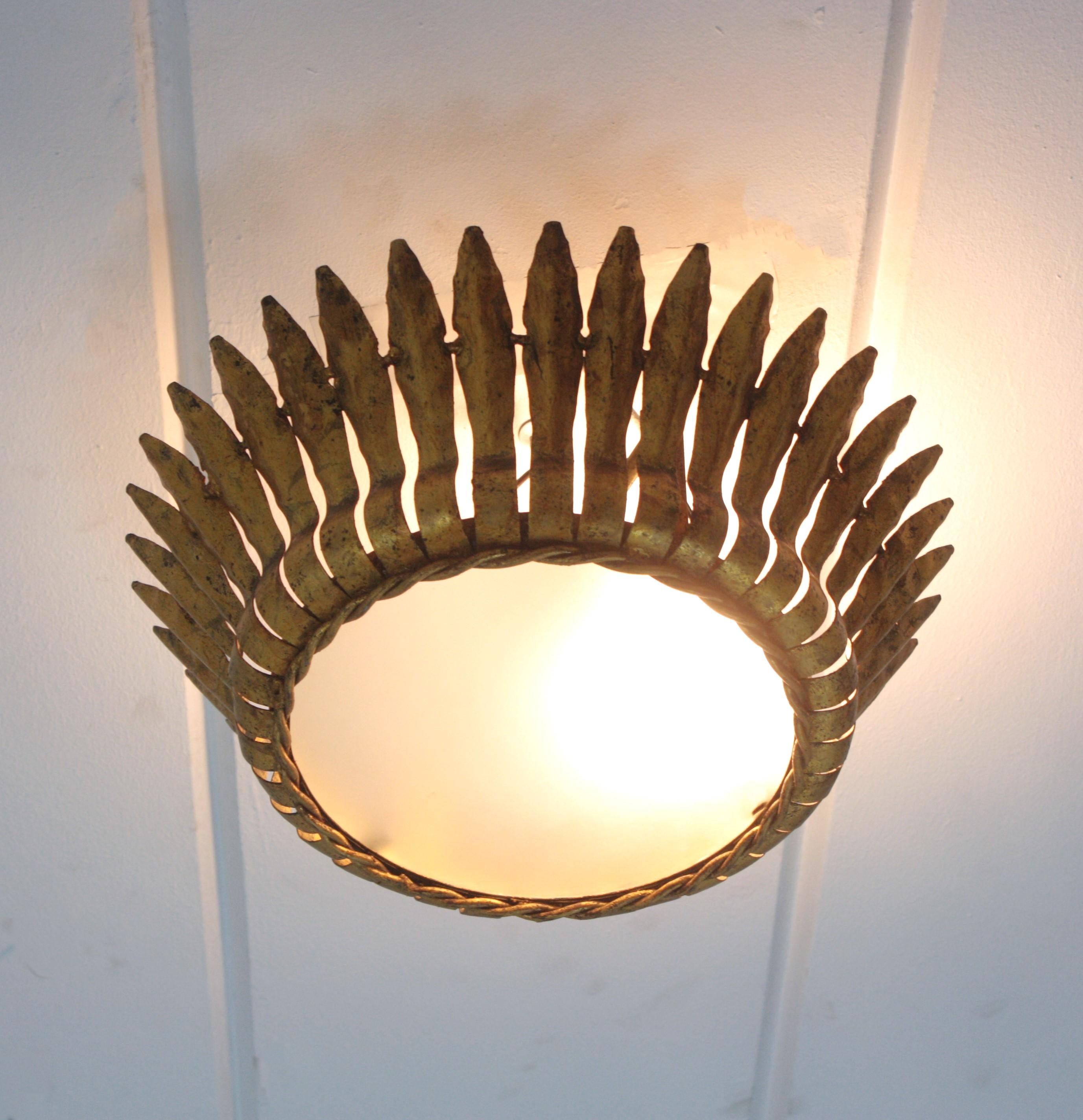 Crown Sunburst Leafed Ceiling Light Fixture with Frosted Glass For Sale 2