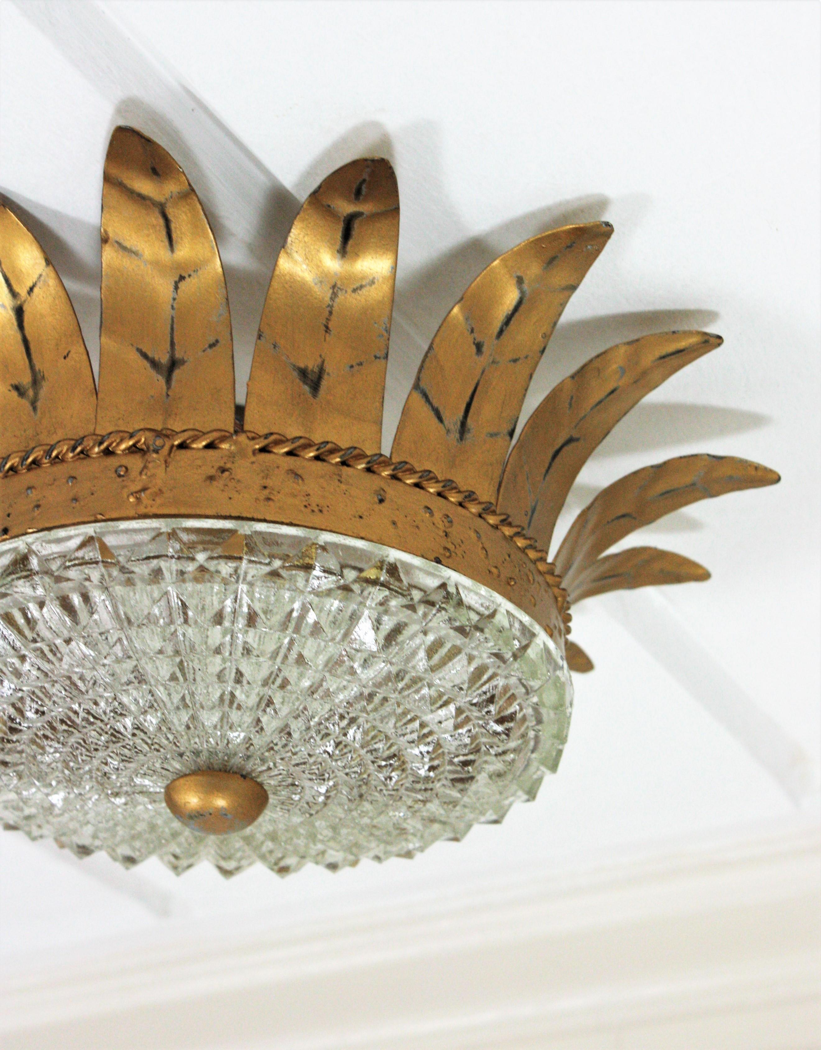 Sunburst Crown Light Fixture in Gilt Iron and Glass, 1950s For Sale 3