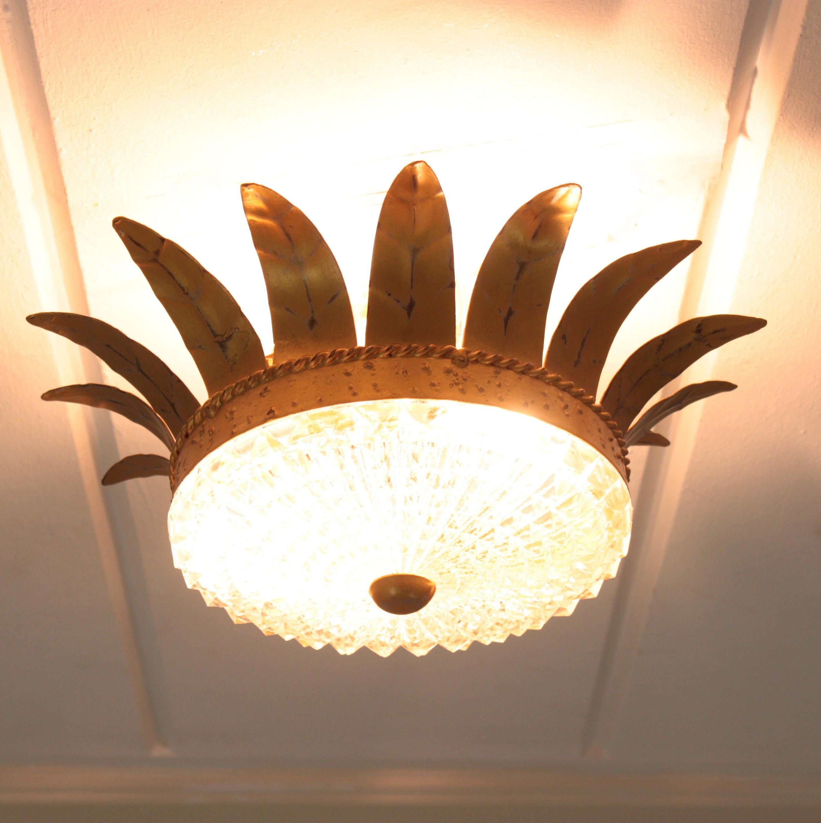 Sunburst Crown Light Fixture in Gilt Iron and Glass, 1950s For Sale 5