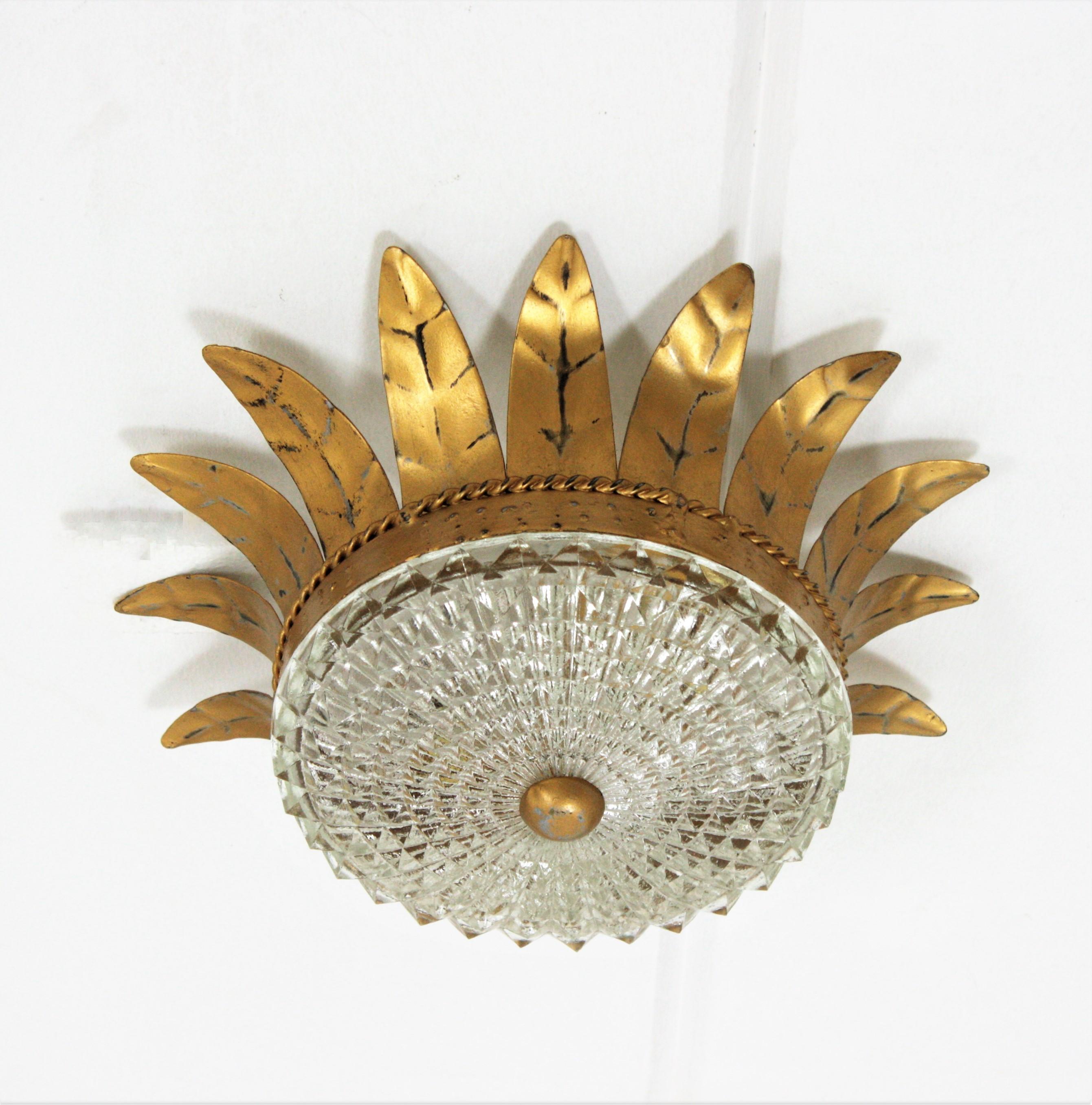 Sunburst Crown Light Fixture in Gilt Iron and Glass, 1950s For Sale 4