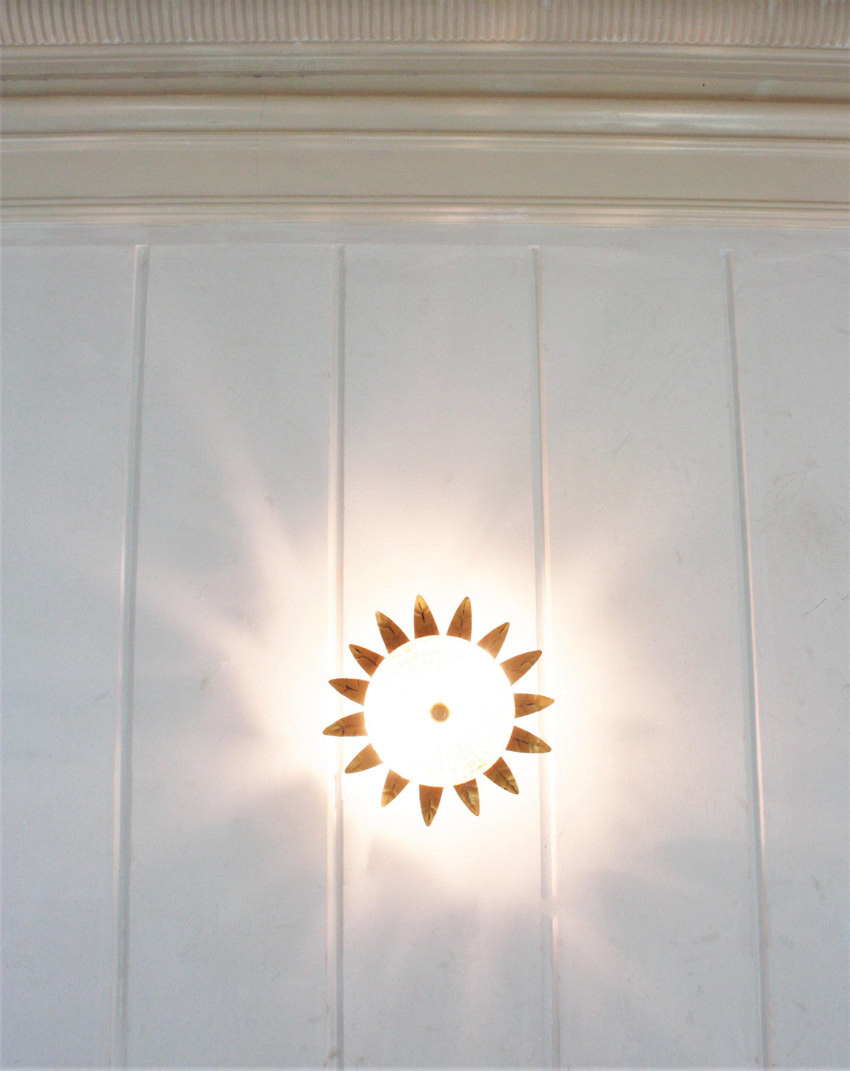 Sunburst Crown Light Fixture in Gilt Iron and Glass, 1950s For Sale 7