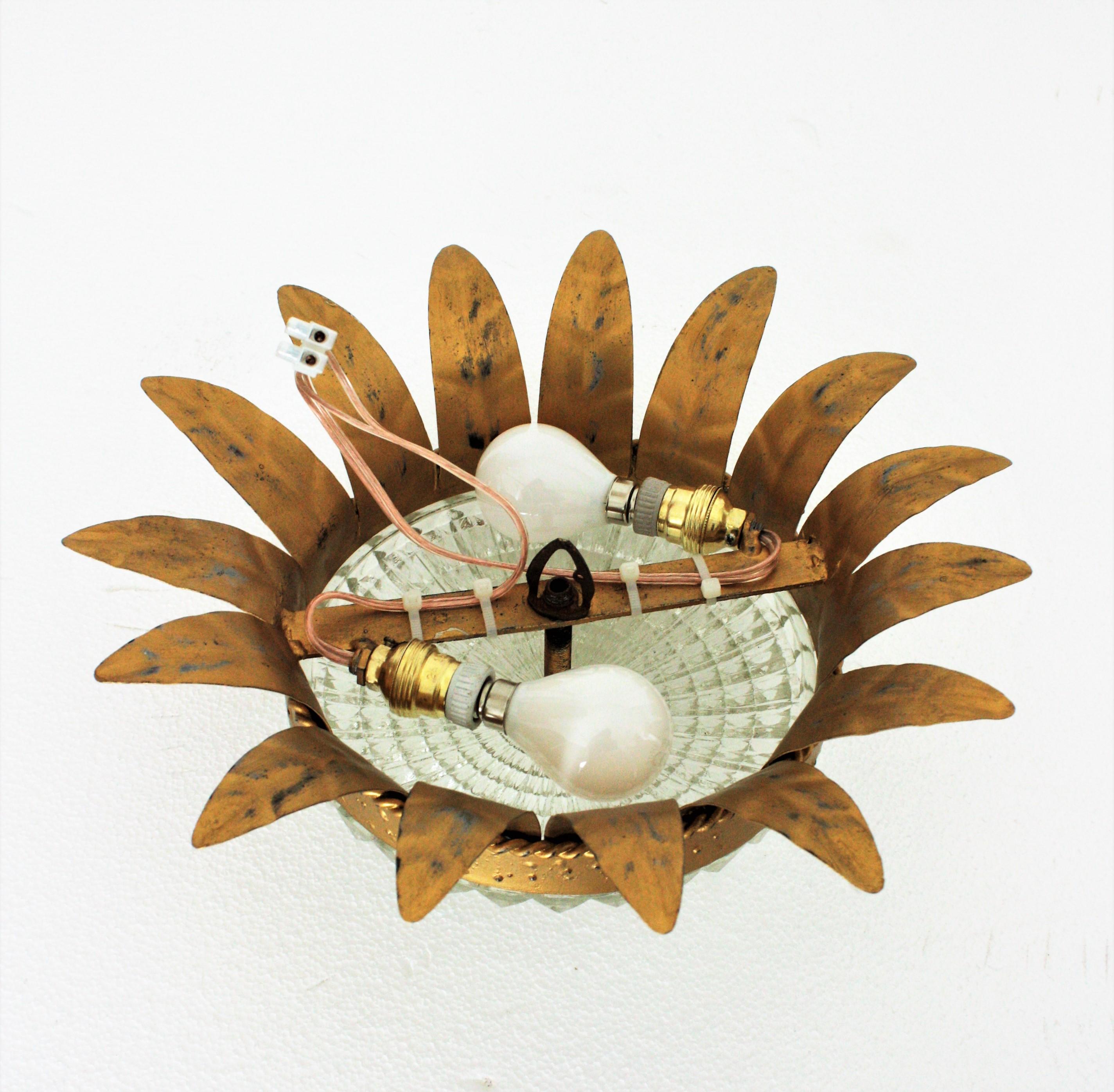 Sunburst Crown Light Fixture in Gilt Iron and Glass, 1950s For Sale 9