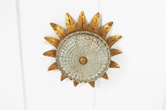Sunburst Crown Light Fixture in Gilt Iron and Glass, 1950s