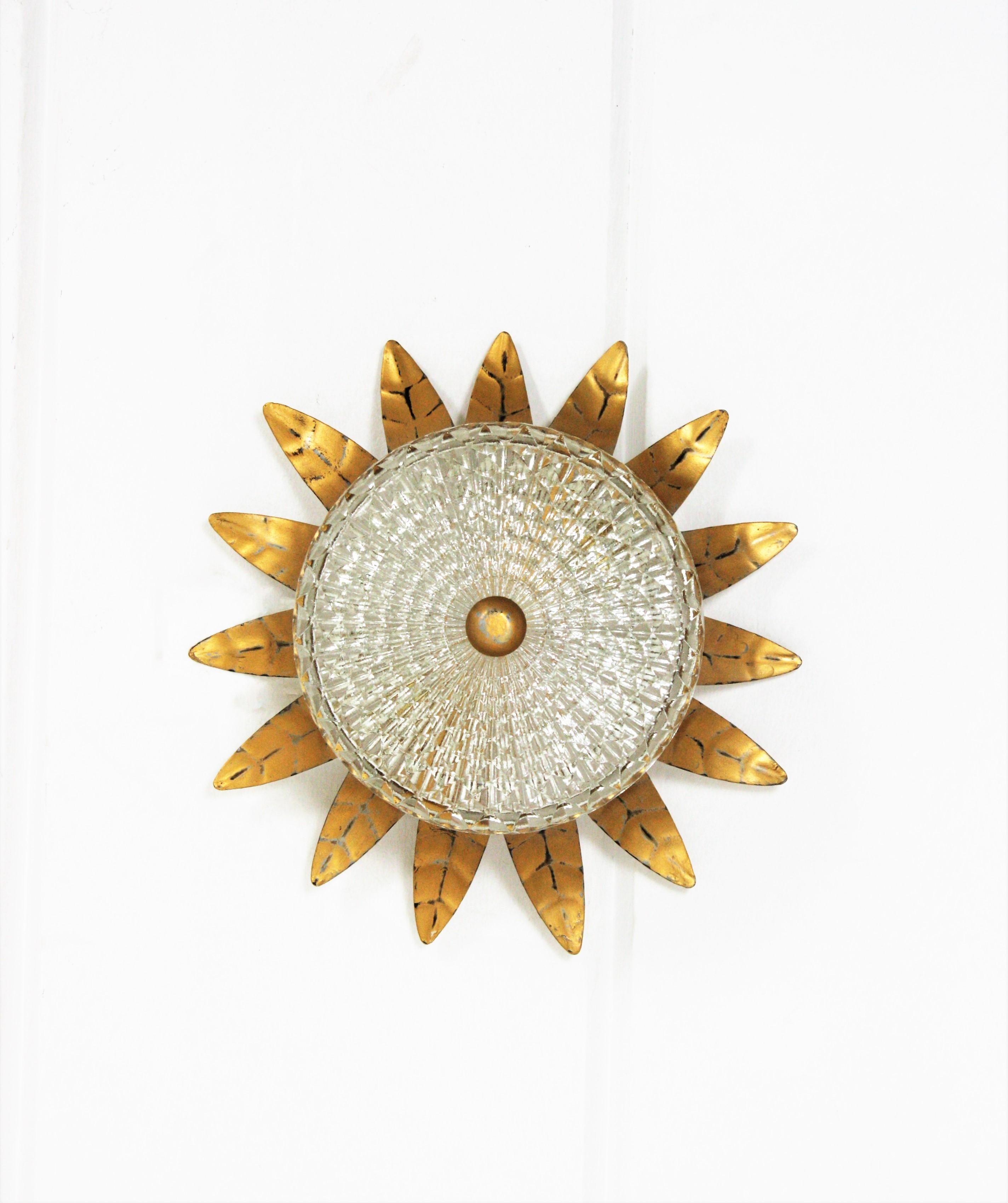 Neoclassical Sunburst Crown Light Fixture in Gilt Iron and Glass, 1950s For Sale