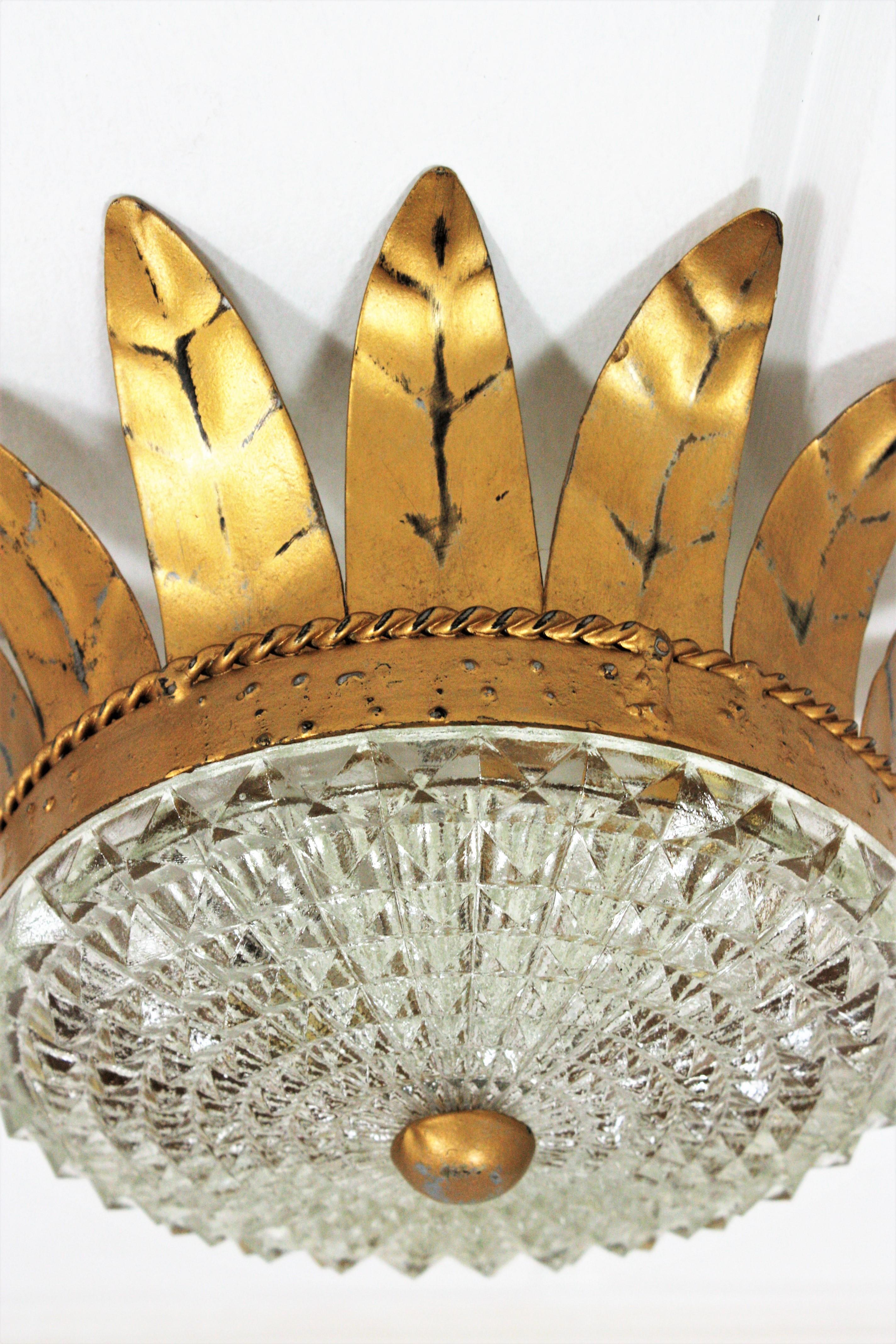 20th Century Sunburst Crown Light Fixture in Gilt Iron and Glass, 1950s For Sale