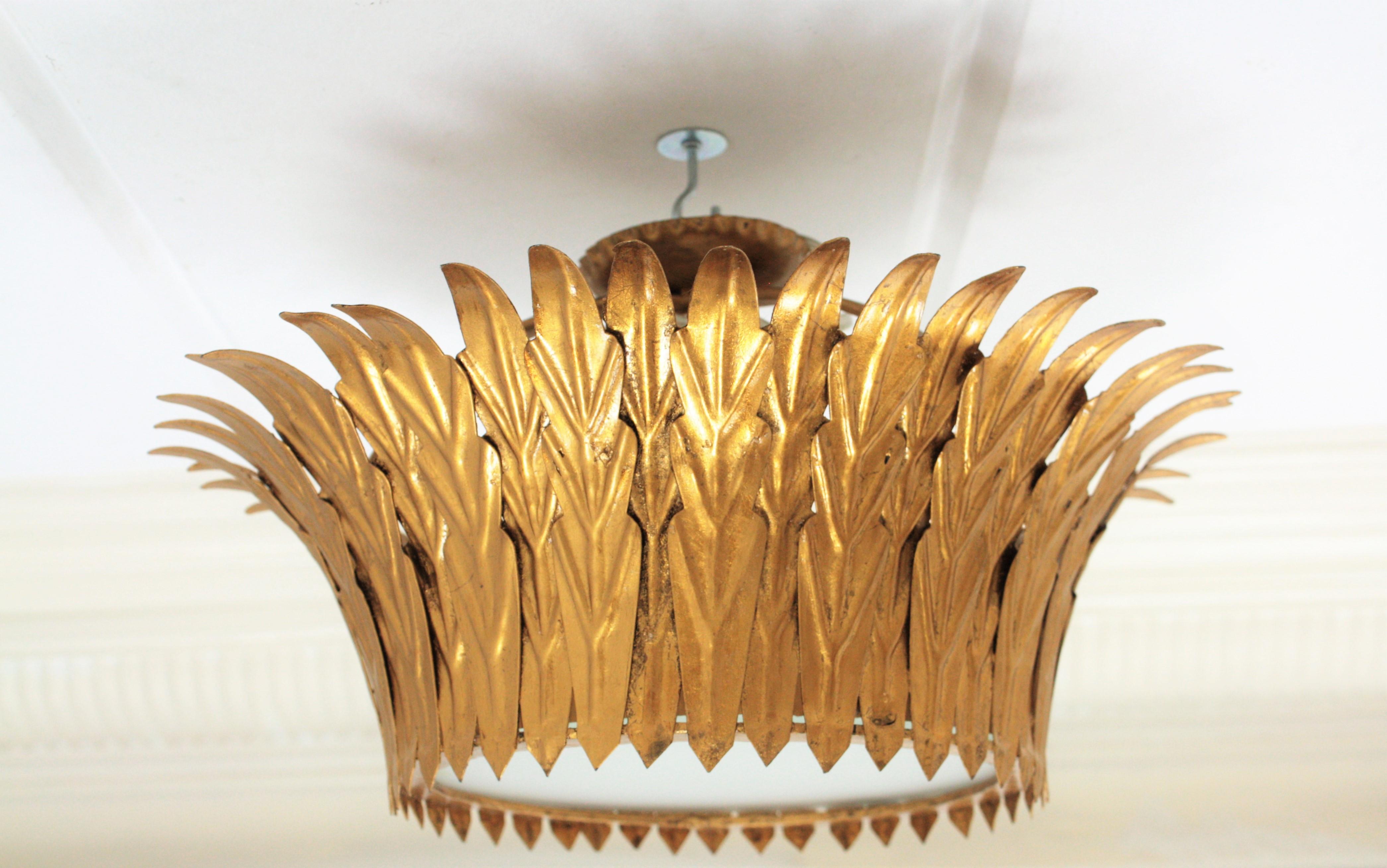 French Sunburst Crown Flush Mount or Pendant in Gilt Iron For Sale 2