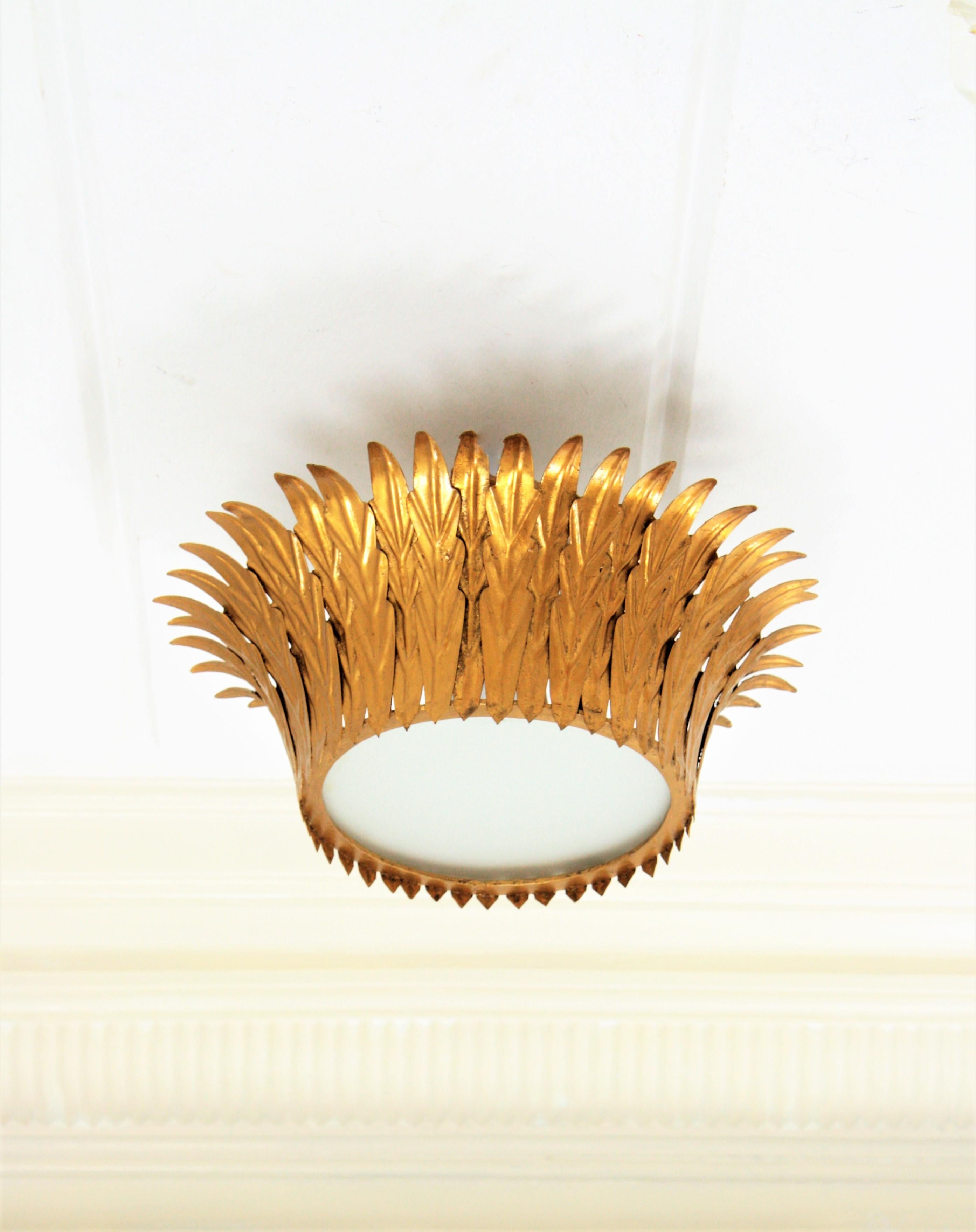 Mid-Century Modern French Sunburst Crown Flush Mount or Pendant in Gilt Iron For Sale