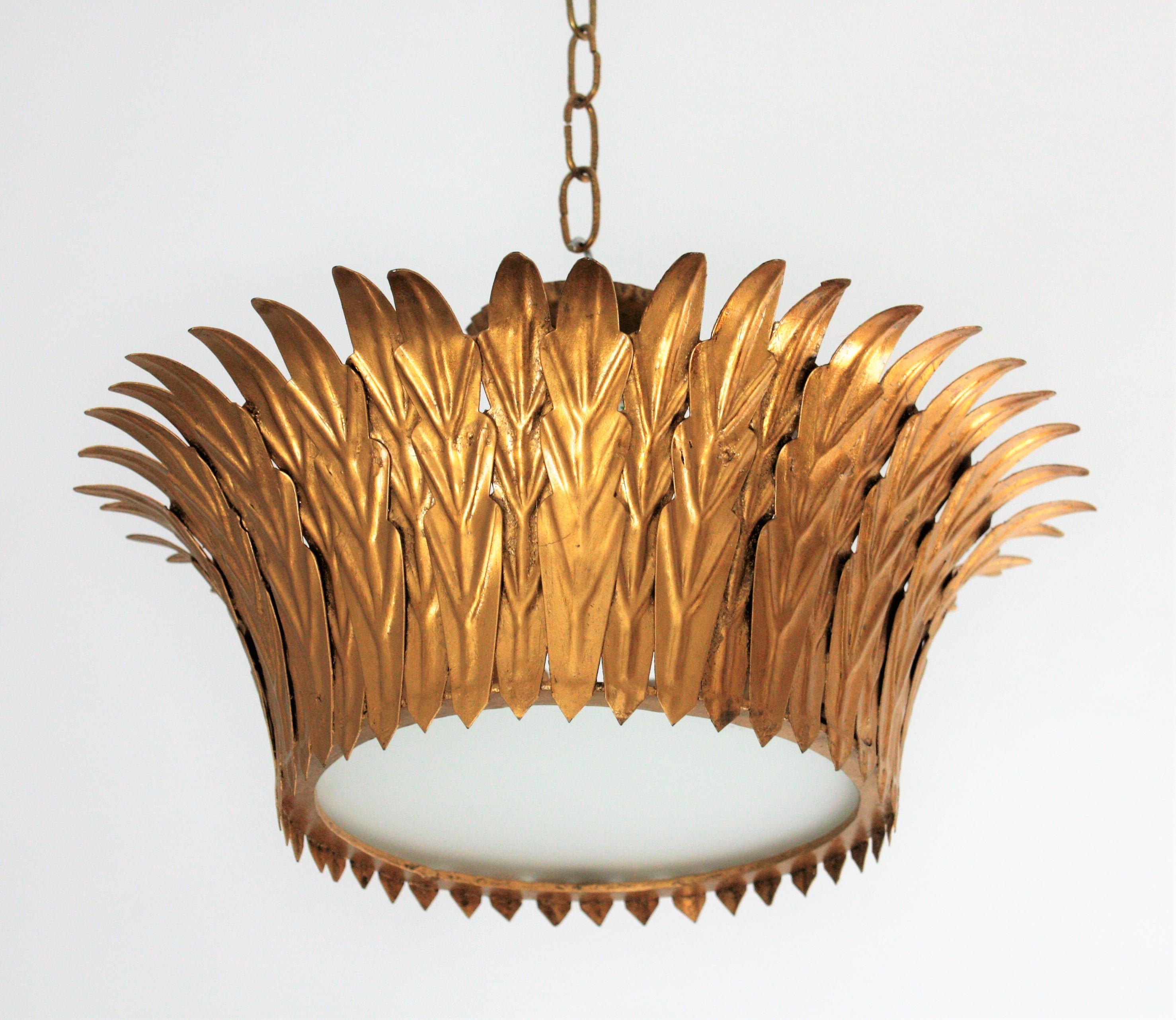 Frosted French Sunburst Crown Flush Mount or Pendant in Gilt Iron For Sale