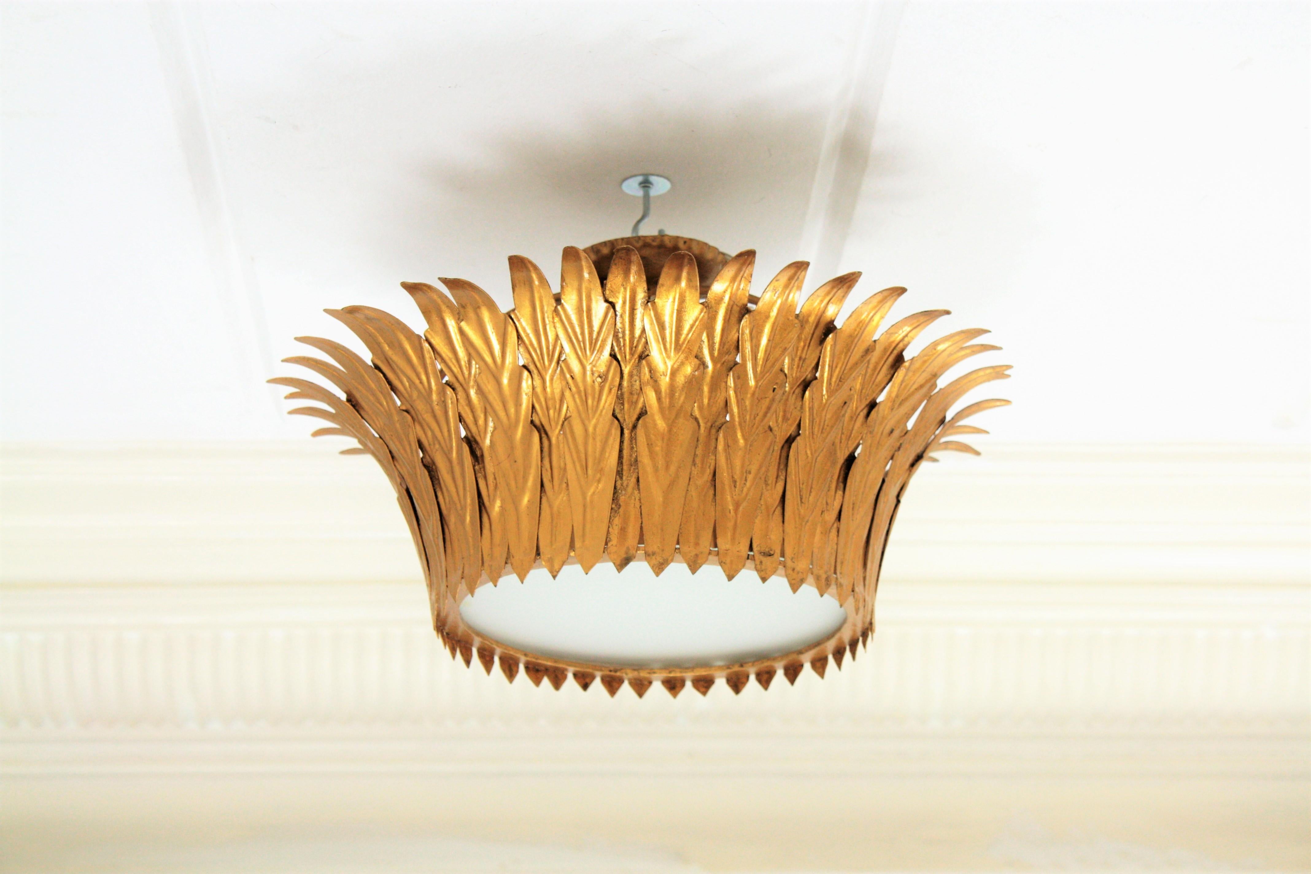 20th Century French Sunburst Crown Flush Mount or Pendant in Gilt Iron For Sale