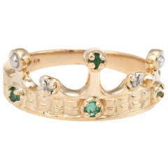 Crown Tiara Ring Emerald Diamond Vintage 10 Karat Yellow Gold