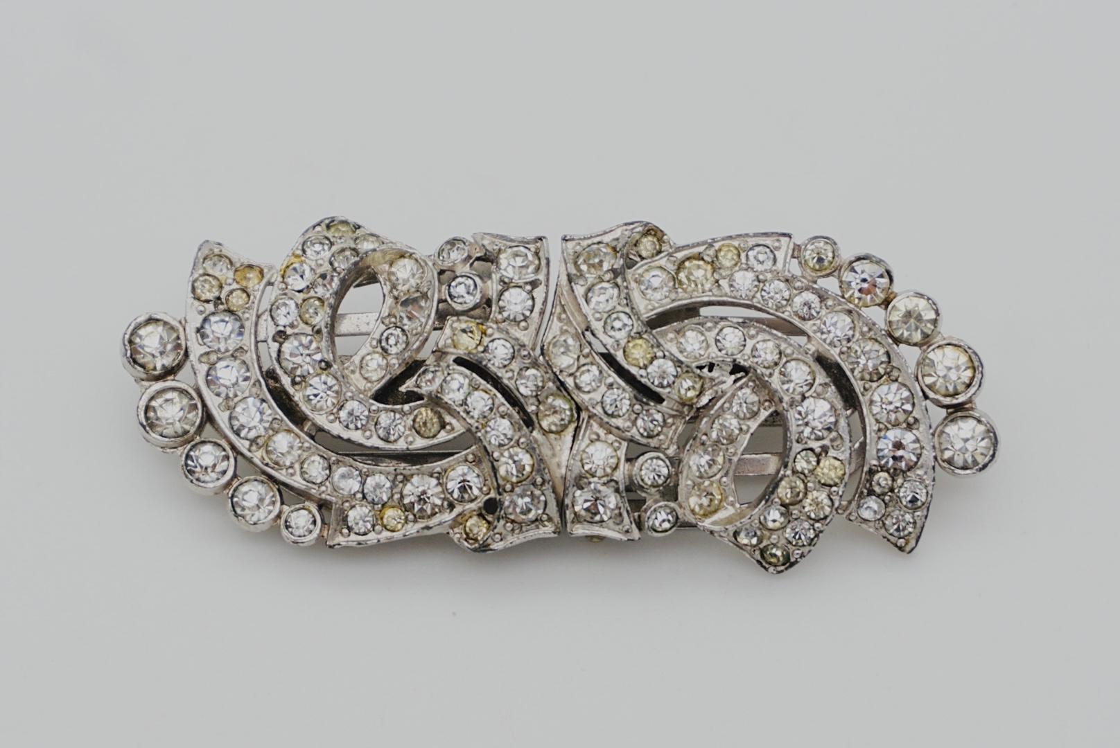 Crown Trifari 1930s Clip Mates Ribbon White Whole Crystals Dress Silver Brooch For Sale 5