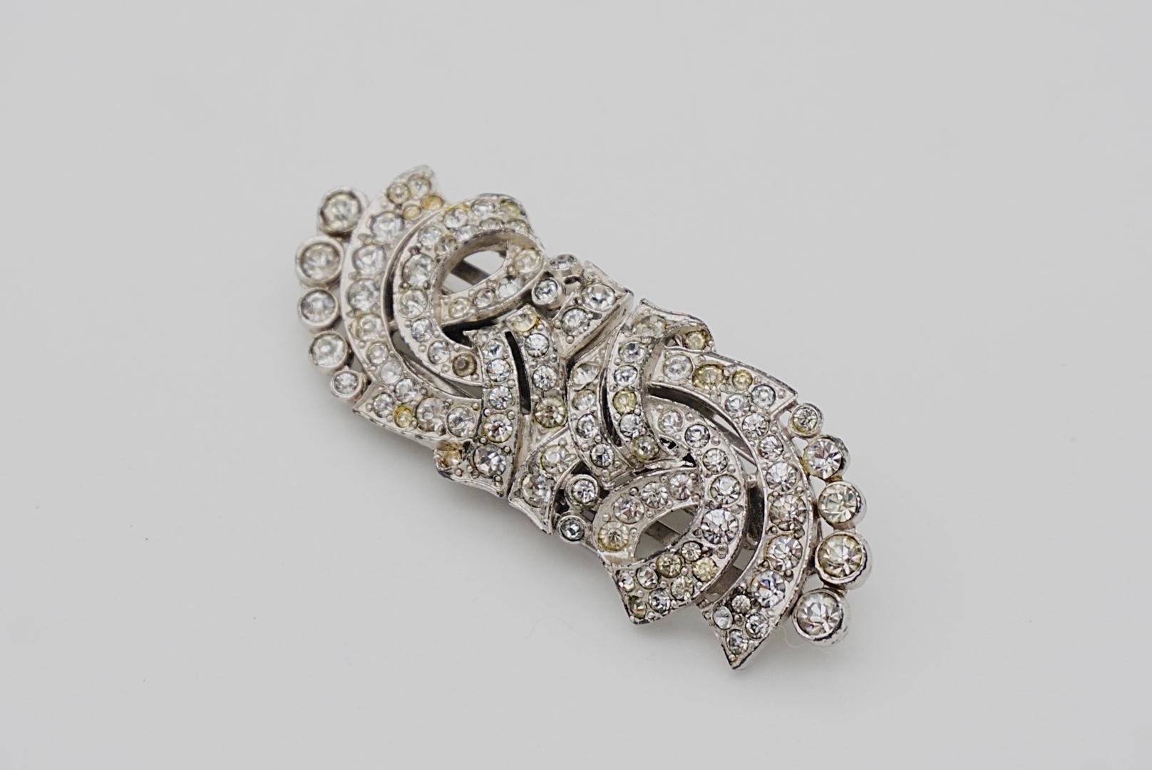 Crown Trifari 1930s Clip Mates Ribbon White Whole Crystals Dress Silver Brooch For Sale 6