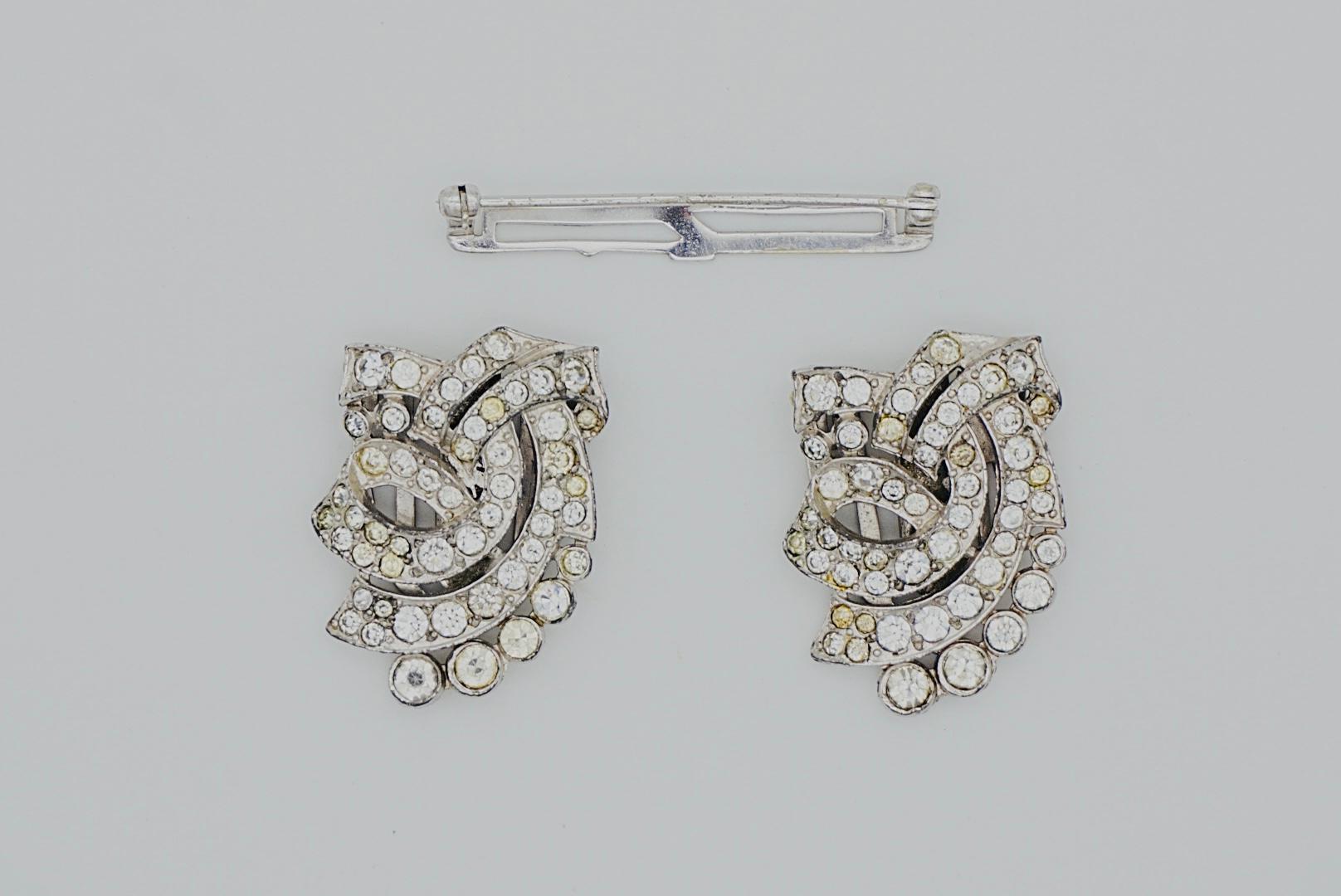 Couronne Trifari 1930s Clip Mates Ribbon White Whole Crystals Dress Silver Brooch 8