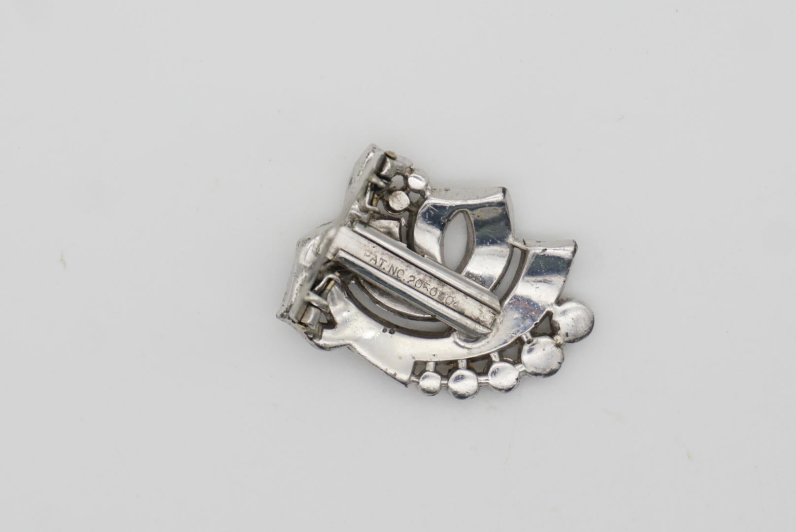 Couronne Trifari 1930s Clip Mates Ribbon White Whole Crystals Dress Silver Brooch 9