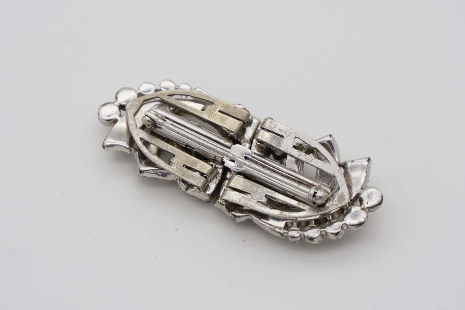 Crown Trifari 1930s Clip Mates Ribbon White Whole Crystals Dress Silver Brooch For Sale 10