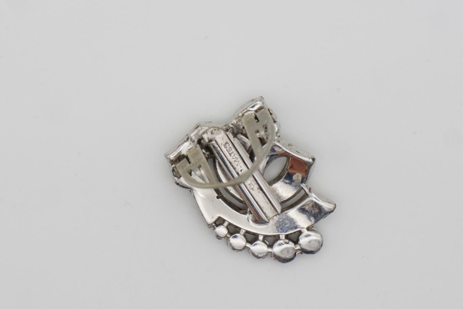 Crown Trifari 1930s Clip Mates Ribbon White Whole Crystals Dress Silver Brooch 10