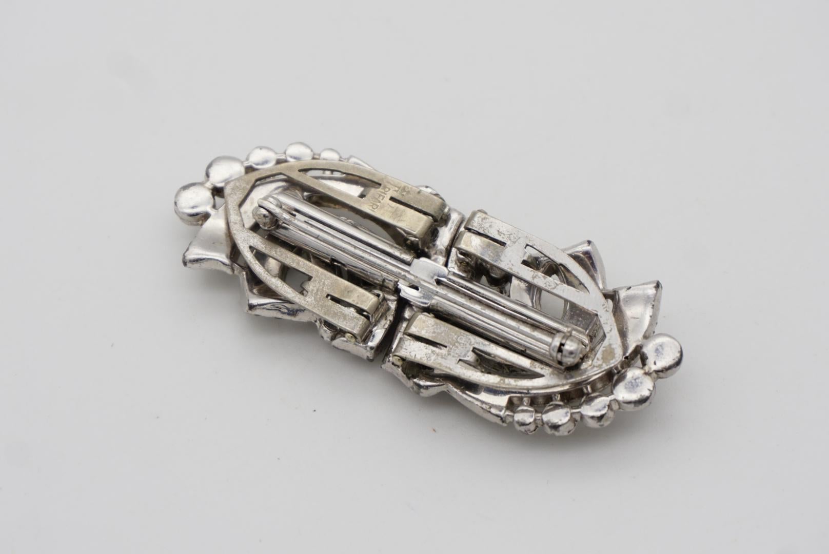 Crown Trifari 1930s Clip Mates Ribbon White Whole Crystals Dress Silver Brooch 11