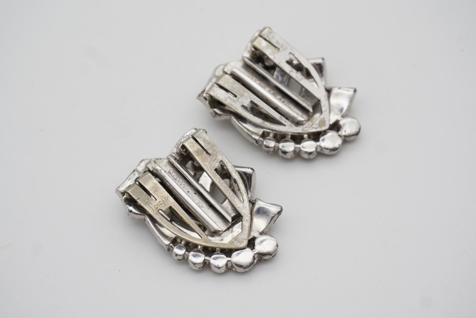 Crown Trifari 1930s Clip Mates Ribbon White Whole Crystals Dress Silver Brooch 12
