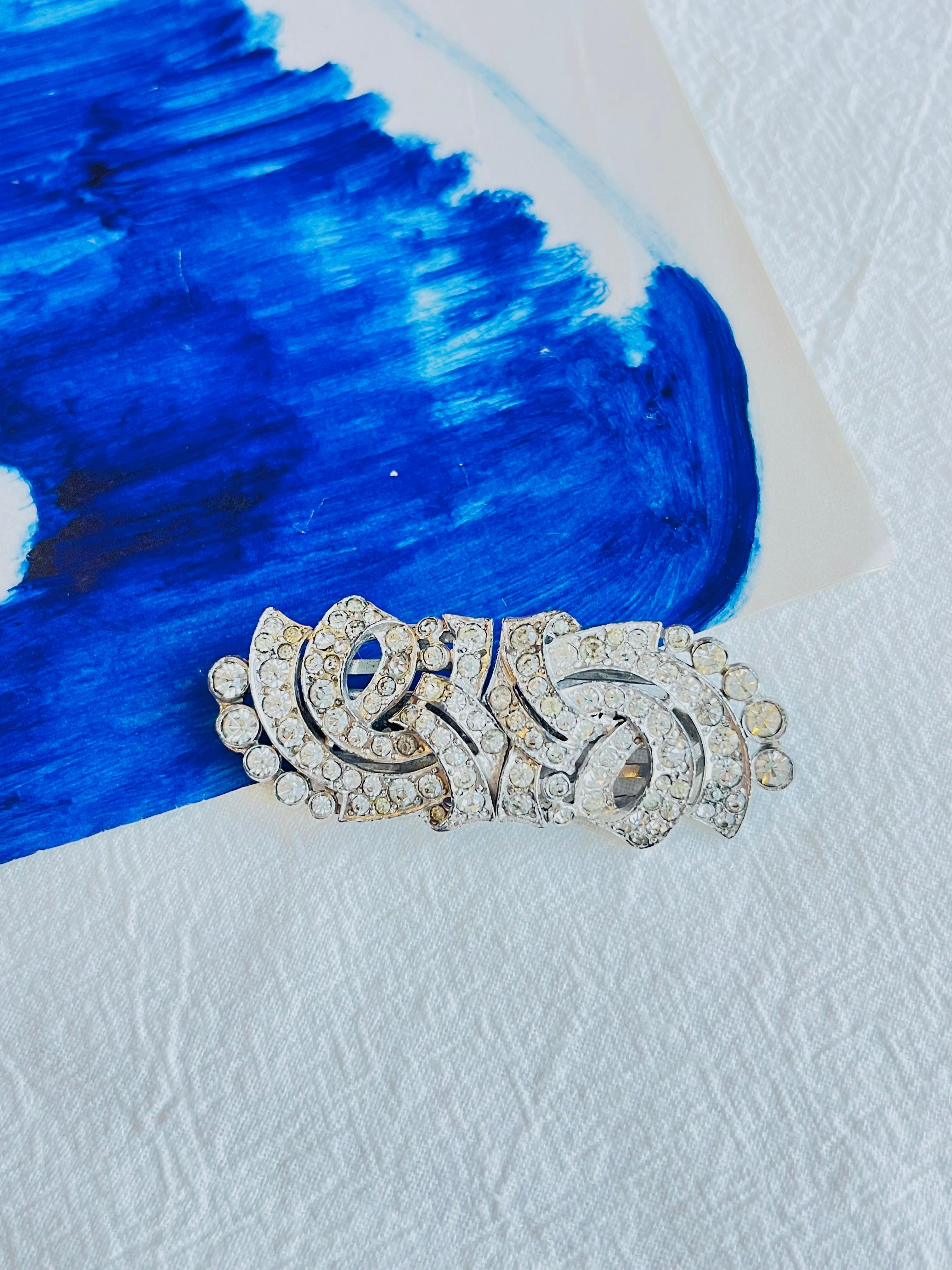 Art Nouveau Crown Trifari 1930s Clip Mates Ribbon White Whole Crystals Dress Silver Brooch