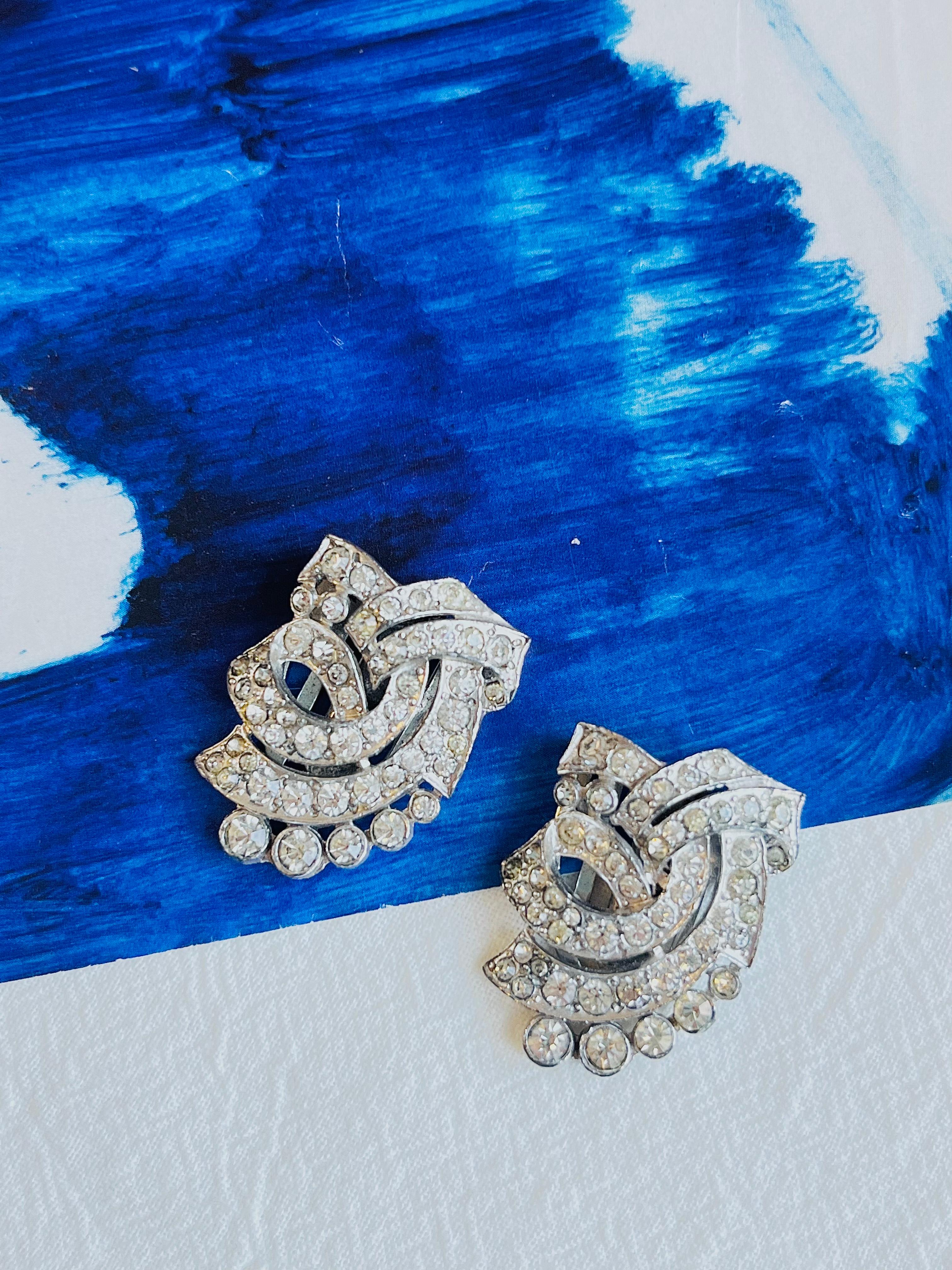  Couronne Trifari 1930s Clip Mates Ribbon White Whole Crystals Dress Silver Brooch Unisexe 