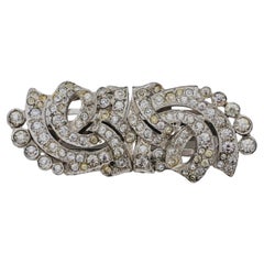 Crown Trifari 1930s Clip Mates Ribbon White Whole Crystals Dress Silver Brooch