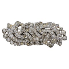 Vintage Crown Trifari 1930s Clip Mates Ribbon White Whole Crystals Dress Silver Brooch