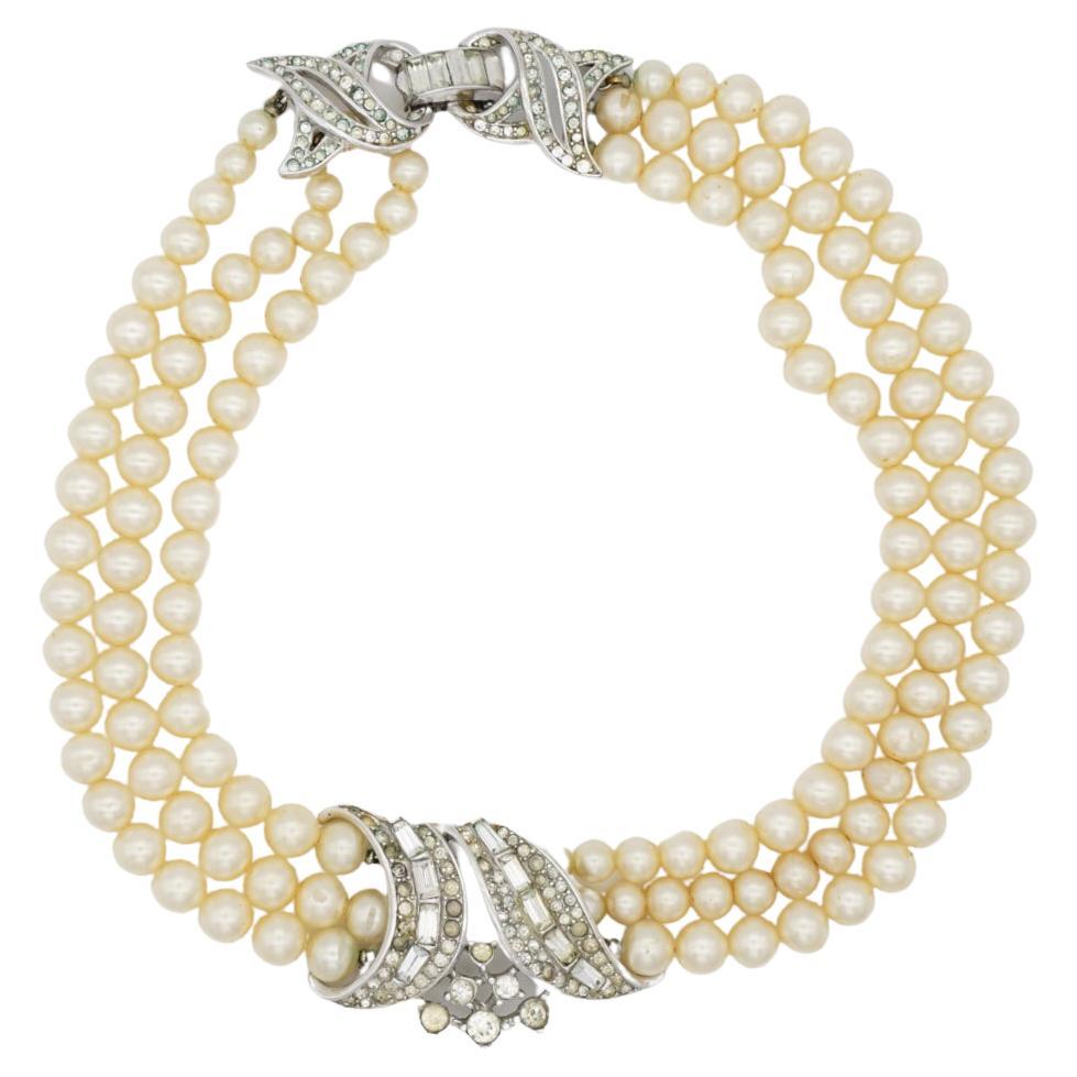 Crown Trifari 1940s Trio Strands Layer Pearls Crystals Pendant Choker Necklace For Sale