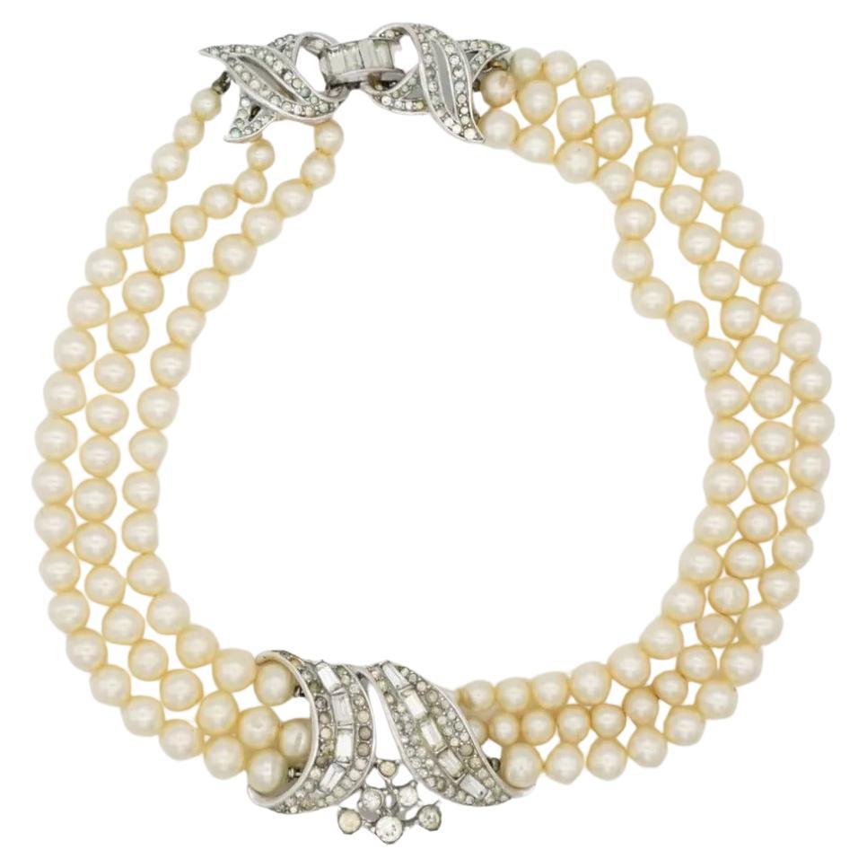 Crown Trifari 1940s White Beads Pearls Crystals Trio Strands Layers Necklace For Sale