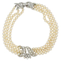 Crown Trifari 1940s White Beads Pearls Trio Strands Layers Crystals Necklace