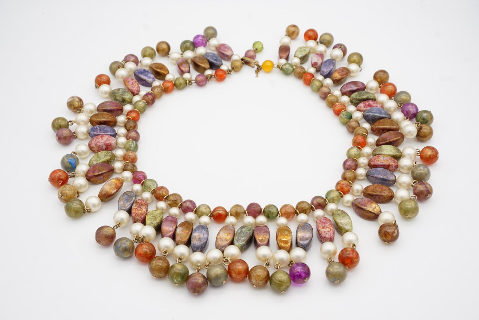 Crown Trifari 1950 Gripoix Harlequin Long Beads White Pearl Tassel Bib Necklace For Sale 5