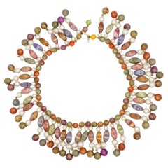 Crown Trifari 1950 Gripoix Harlequin Long Beads White Pearl Tassel Bib Necklace