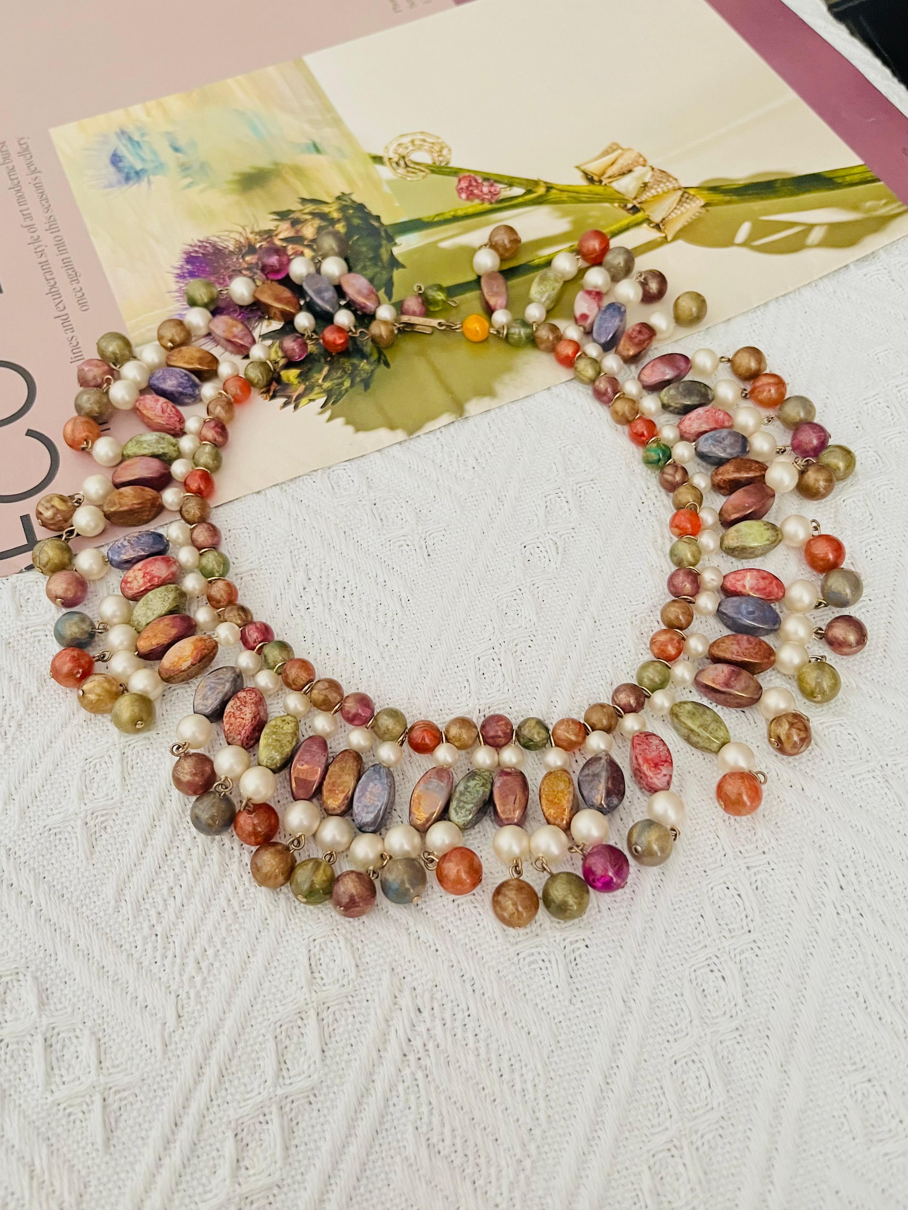 Art Deco Crown Trifari 1950 Gripoix Harlequin Long Beads White Pearl Tassel Bib Necklace For Sale