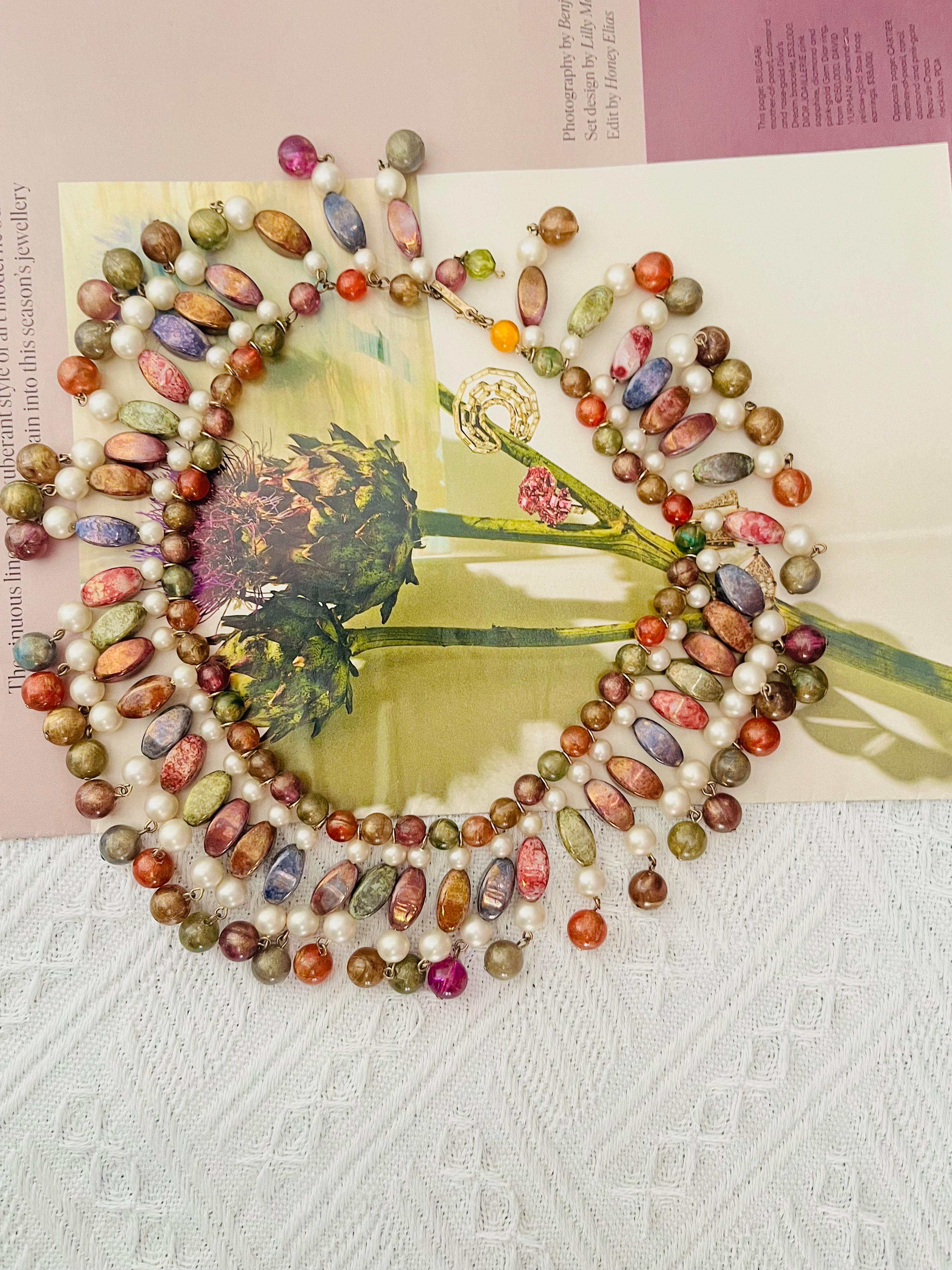 Crown Trifari 1950 Gripoix Harlequin Long Beads White Pearl Tassel Bib Necklace In Good Condition For Sale In Wokingham, England
