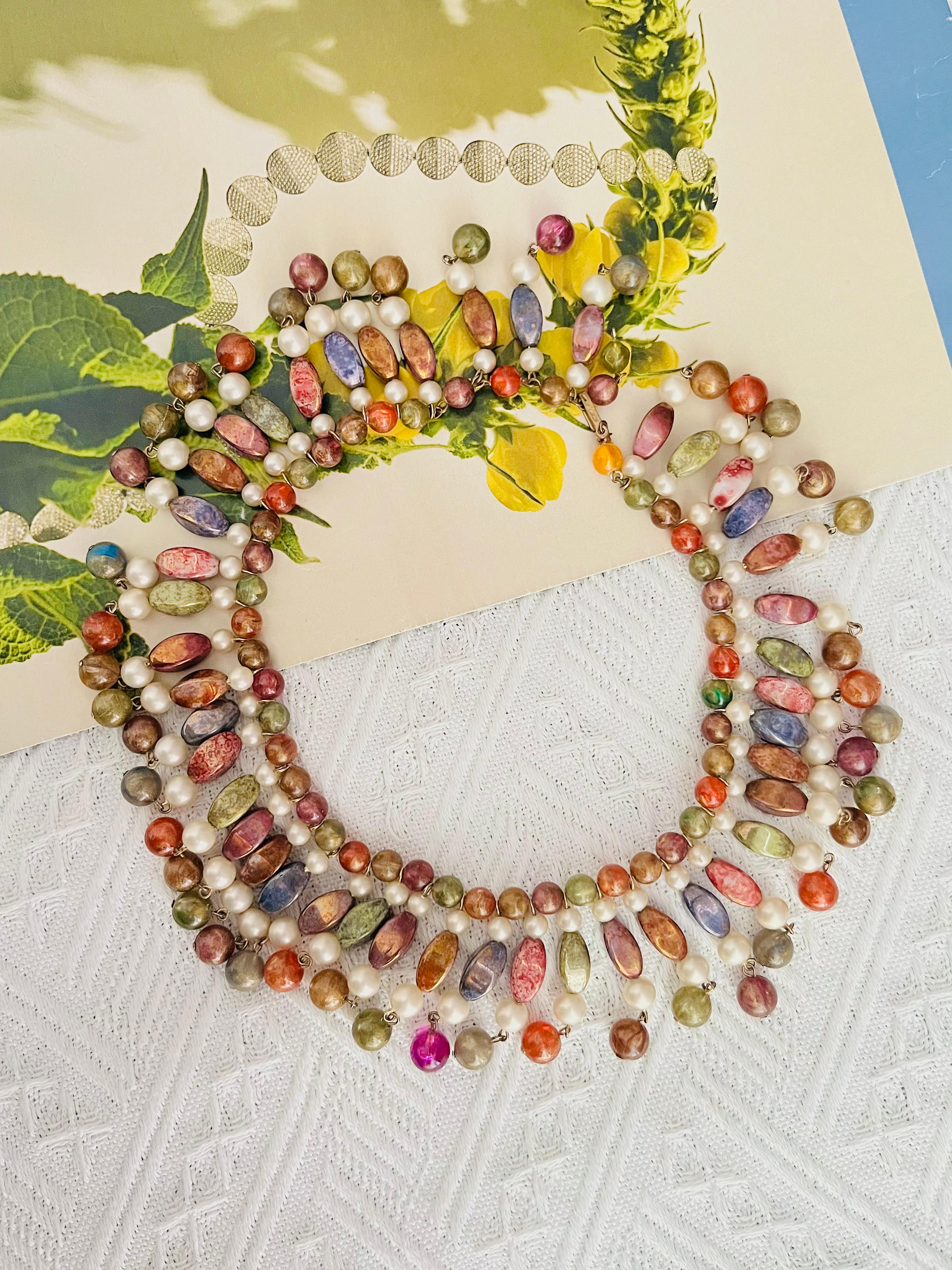Women's or Men's Crown Trifari 1950 Gripoix Harlequin Long Beads White Pearl Tassel Bib Necklace For Sale