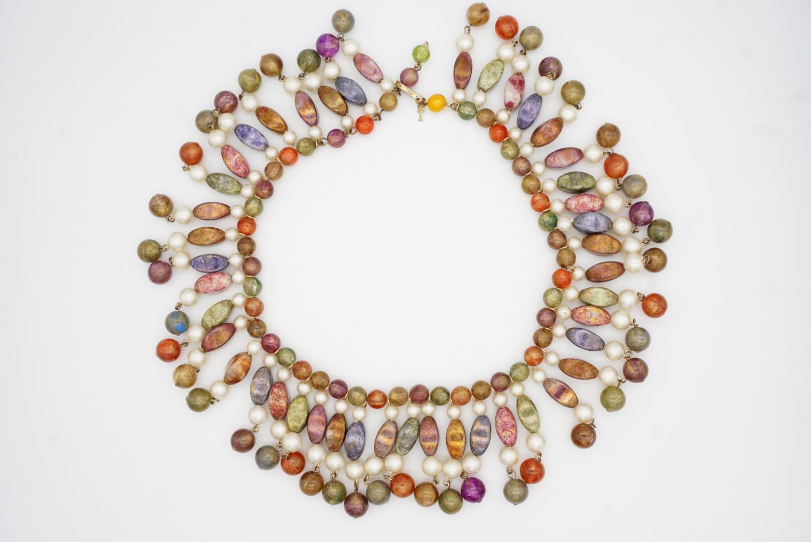 Crown Trifari 1950 Gripoix Harlequin Long Beads White Pearl Tassel Bib Necklace For Sale 4