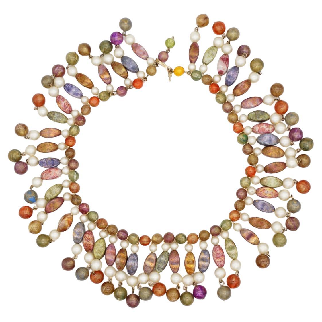 Crown Trifari 1950 Gripoix Harlequin Long Beads White Pearl Tassel Bib Necklace