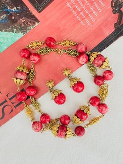 Crown Trifari 1950 Red Cranberry Fruit Filigree Long Necklace Drop Earrings Set