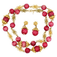 Crown Trifari 1950 Red Cranberry Fruit Filigree Long Necklace Drop Earrings Set