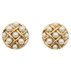 Used Crown Trifari 1950 Round Circle White Pearls Openwork Criss Cross Clip Earrings
