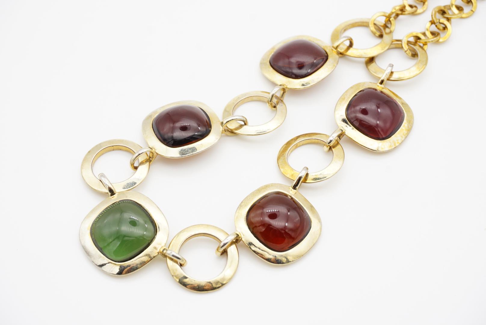 Crown Trifari 1950s Amethyst Citrine Emerald Square Circle Interlocked Necklace For Sale 5