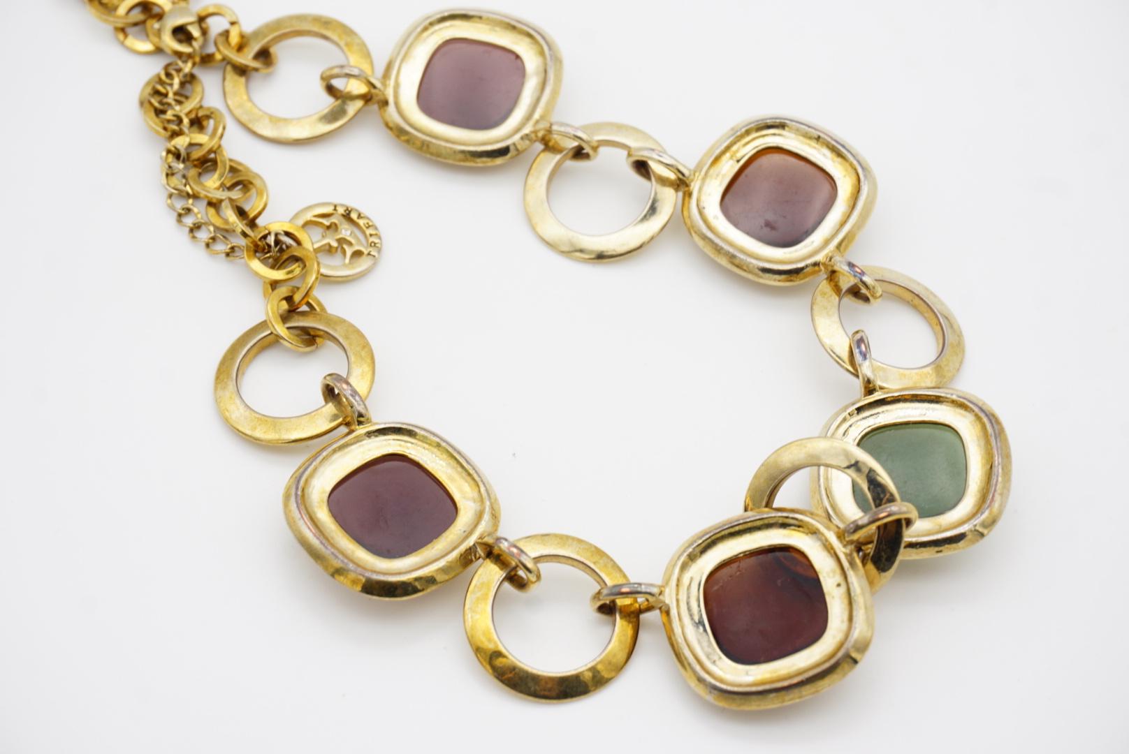 Crown Trifari 1950s Amethyst Citrine Emerald Square Circle Interlocked Necklace For Sale 7
