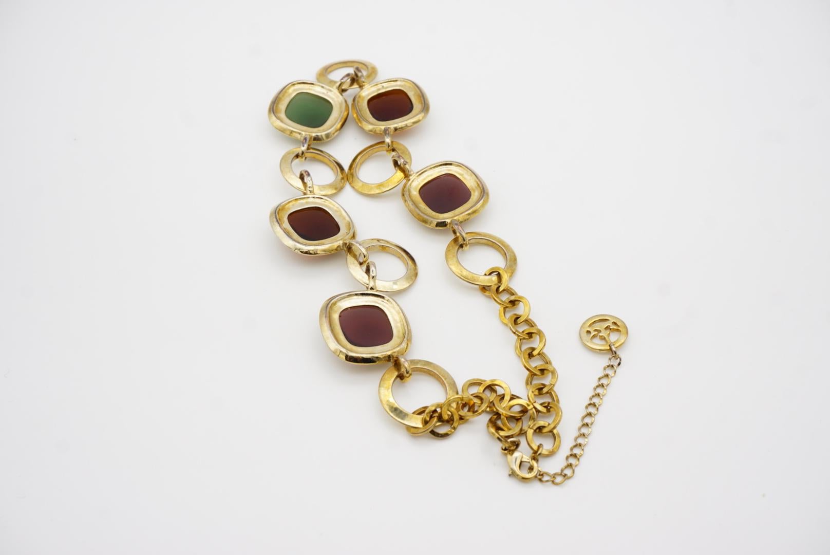 Crown Trifari 1950s Amethyst Citrine Emerald Square Circle Interlocked Necklace For Sale 8