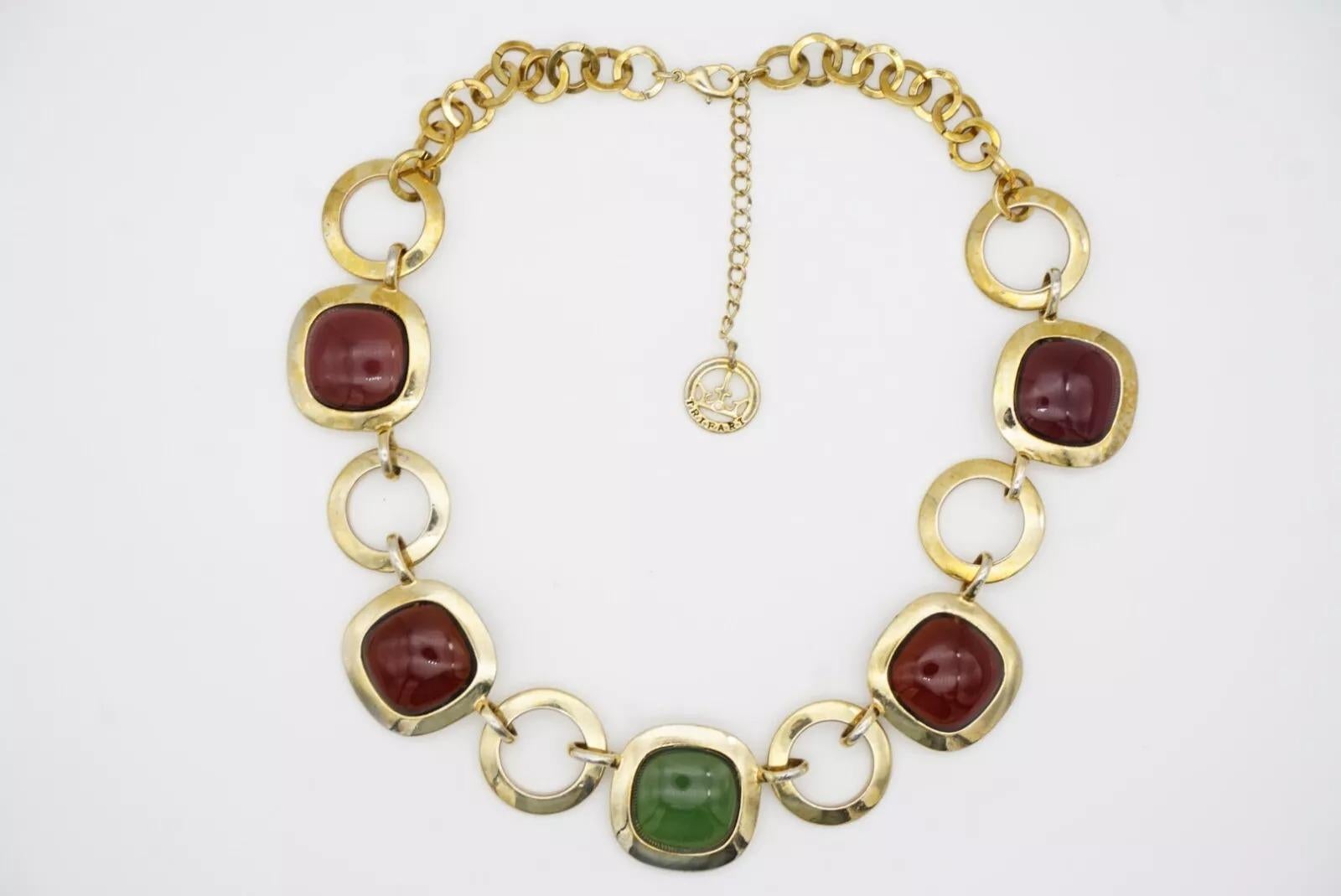 Crown Trifari 1950s Amethyst Citrine Emerald Square Circle Interlocked Necklace For Sale 9