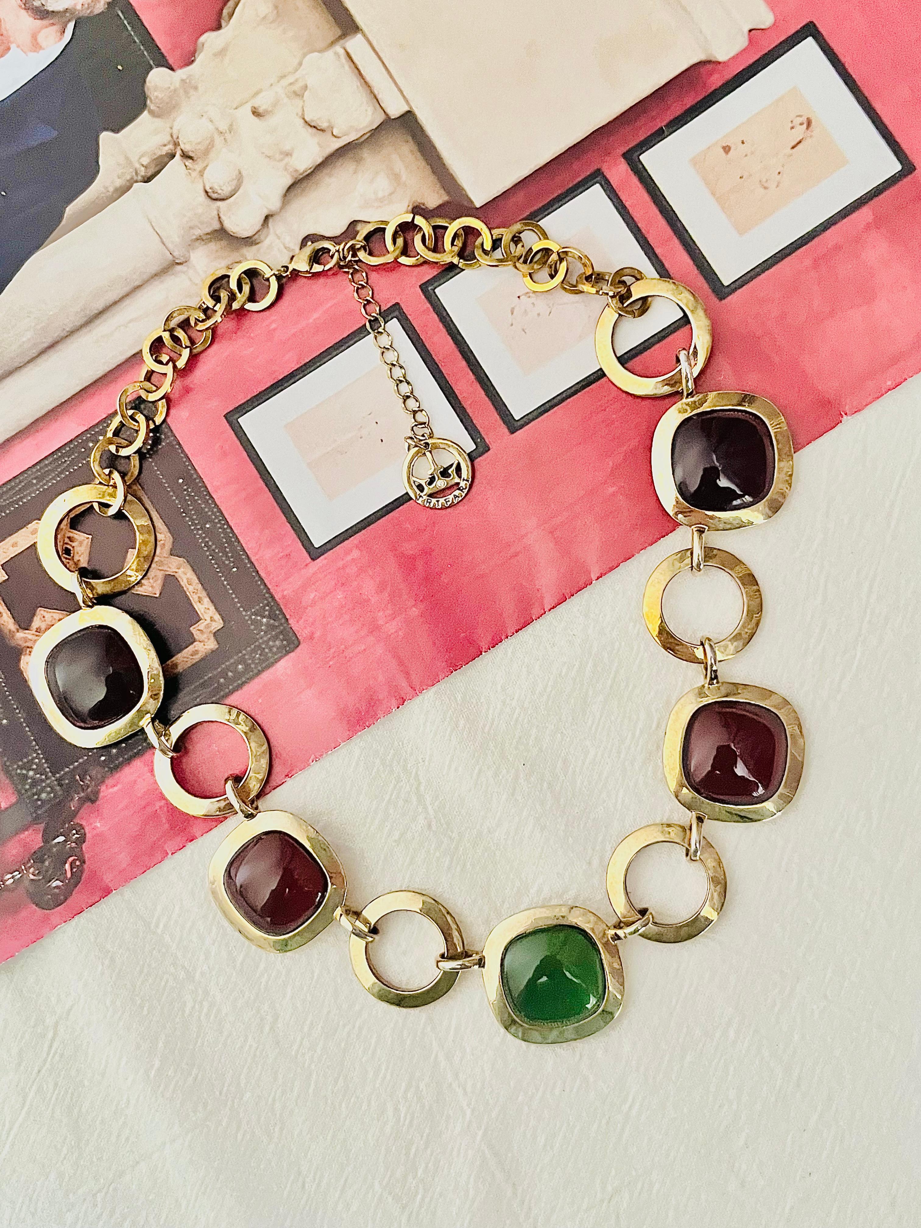 Crown Trifari 1950s Amethyst Citrine Emerald Square Circle Interlocked Necklace In Good Condition For Sale In Wokingham, England